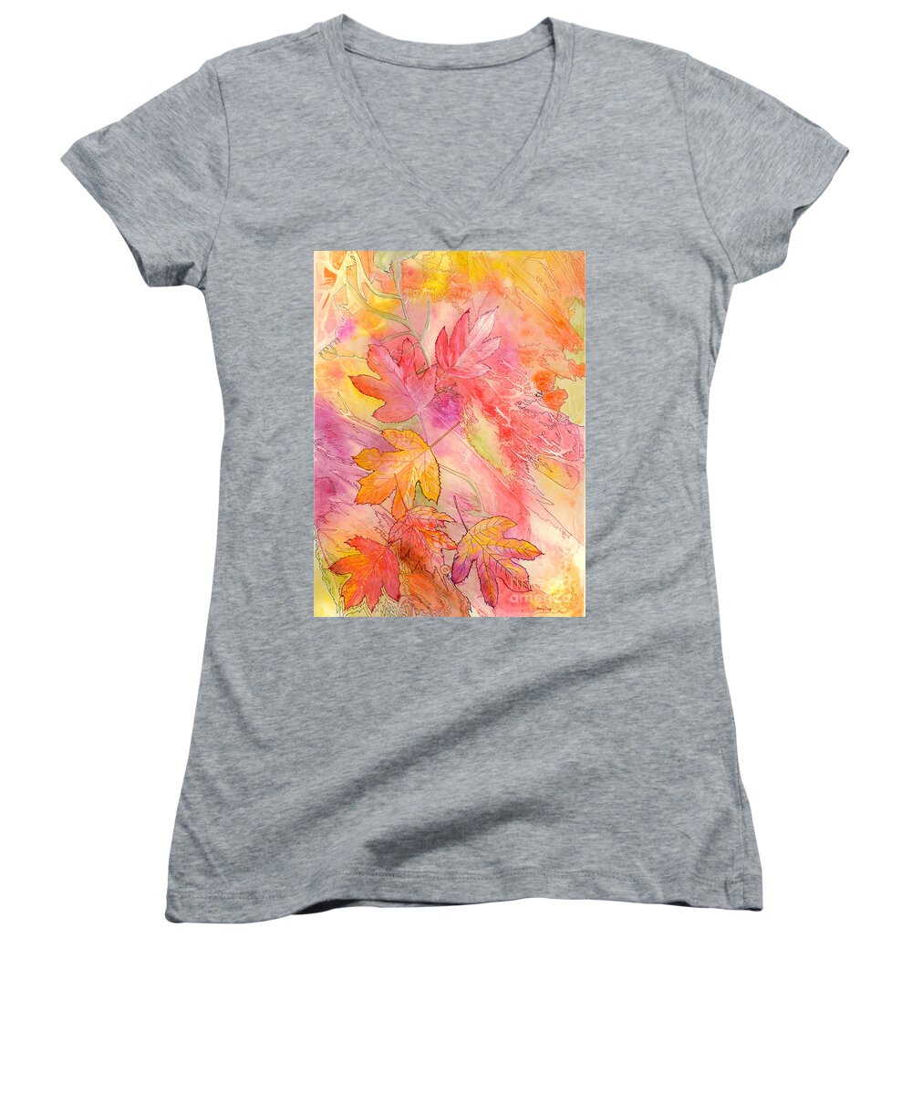 Tree Leaves Women's V-Neck featuring the painting Pink Leaves by Nancy Cupp
