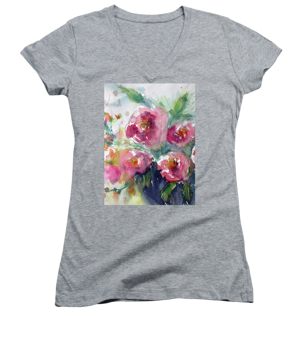 Watercolor Women's V-Neck featuring the painting Pink Pops by Judith Levins