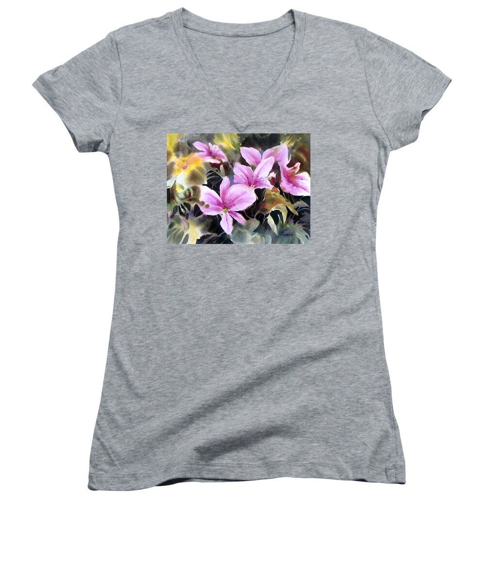 Floral Women's V-Neck featuring the painting Pink Prize by Rae Andrews
