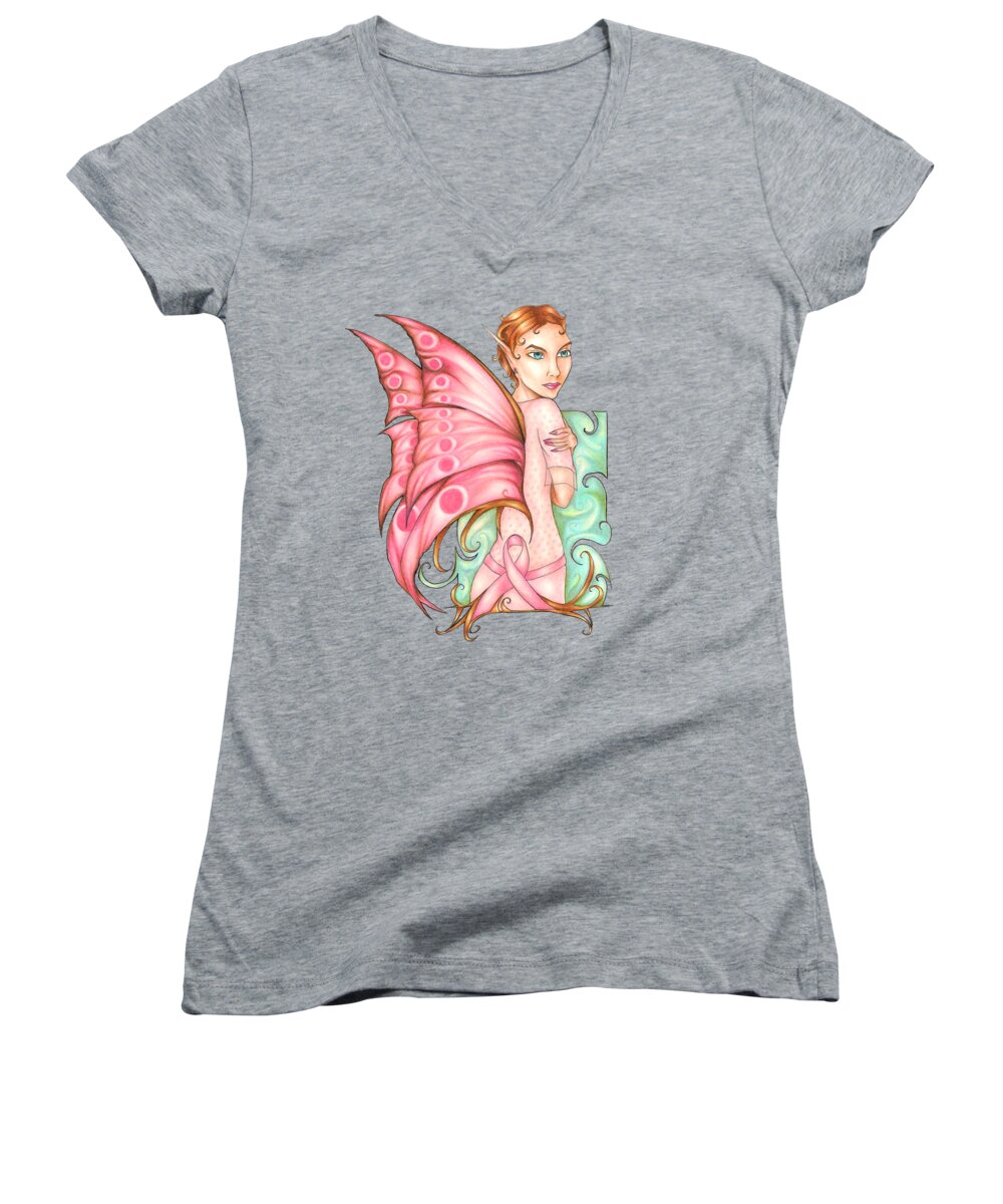 Pink Ribbon Fairy Women's V-Neck featuring the drawing Pink Ribbon Fairy For Breast Cancer Awareness by Kristin Aquariann