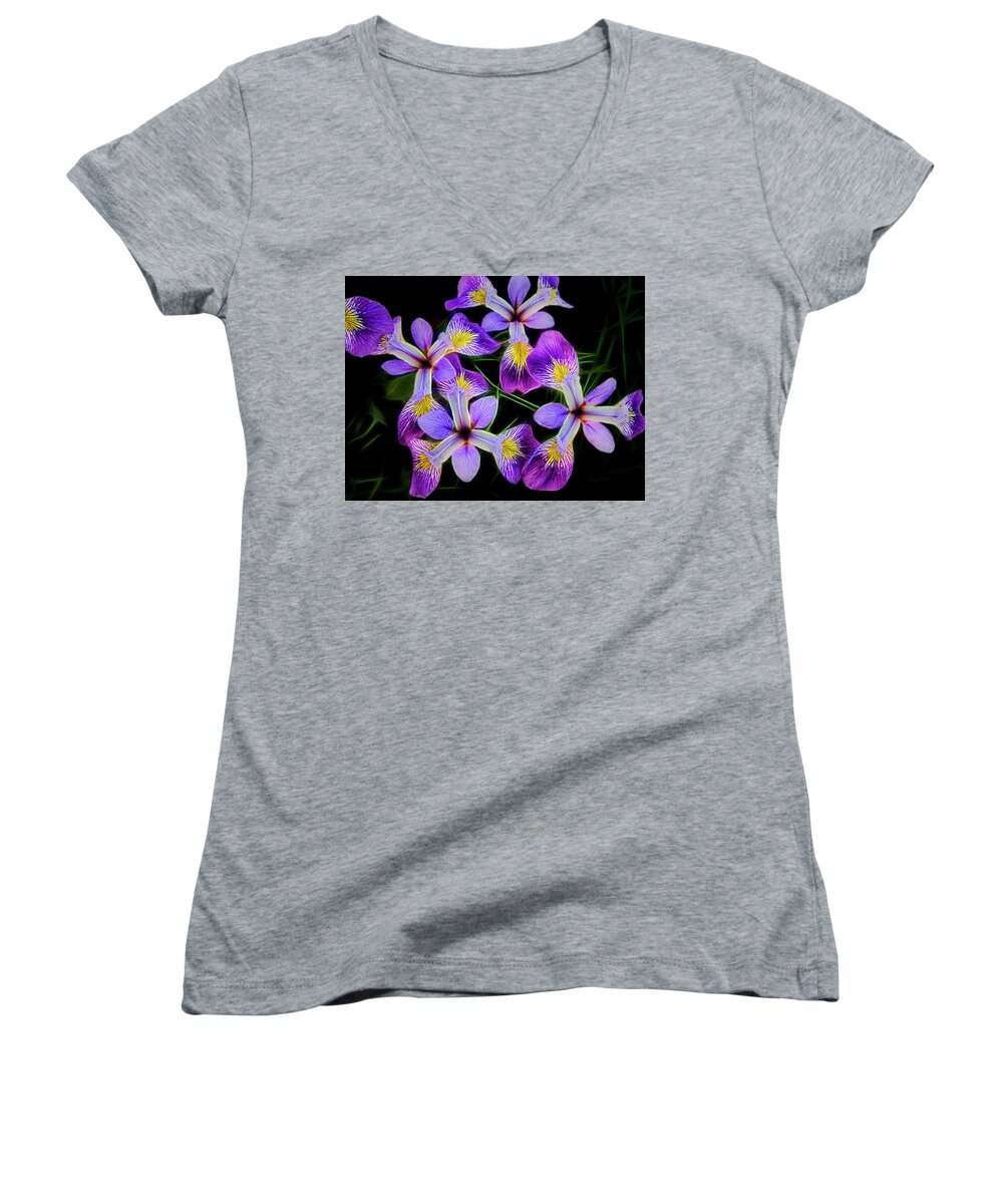 Purple Women's V-Neck featuring the photograph Pinwheel Purple Iris Glow by Penny Lisowski