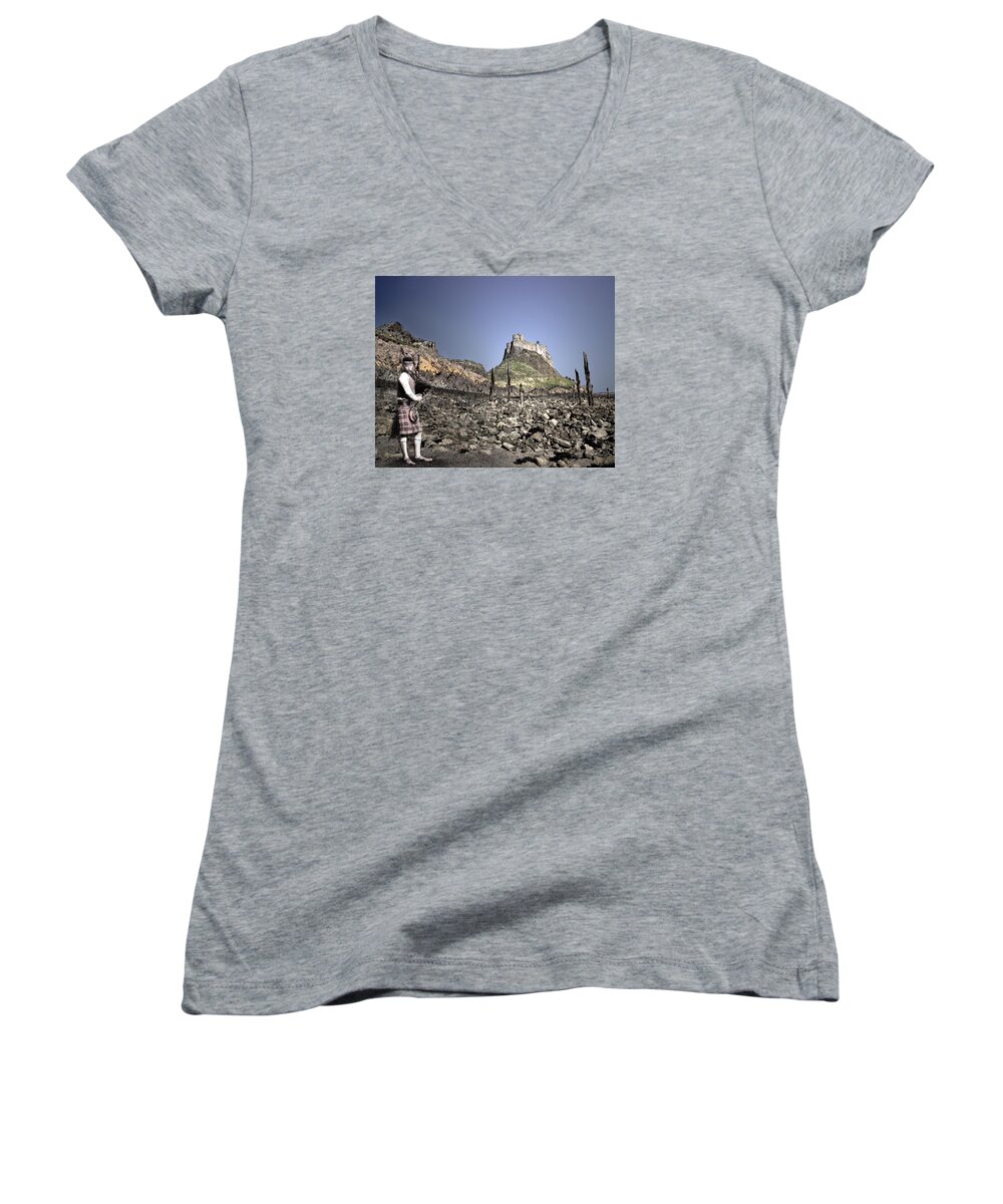  Women's V-Neck featuring the digital art Piper Plays to the Past by Vicki Lea Eggen