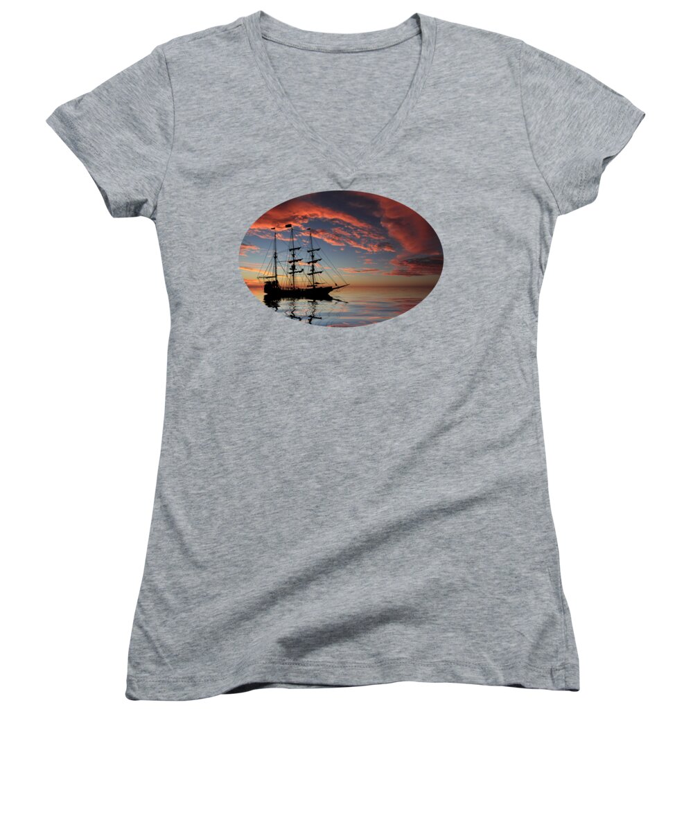Pirate Ship Women's V-Neck featuring the photograph Pirate Ship at Sunset by Shane Bechler