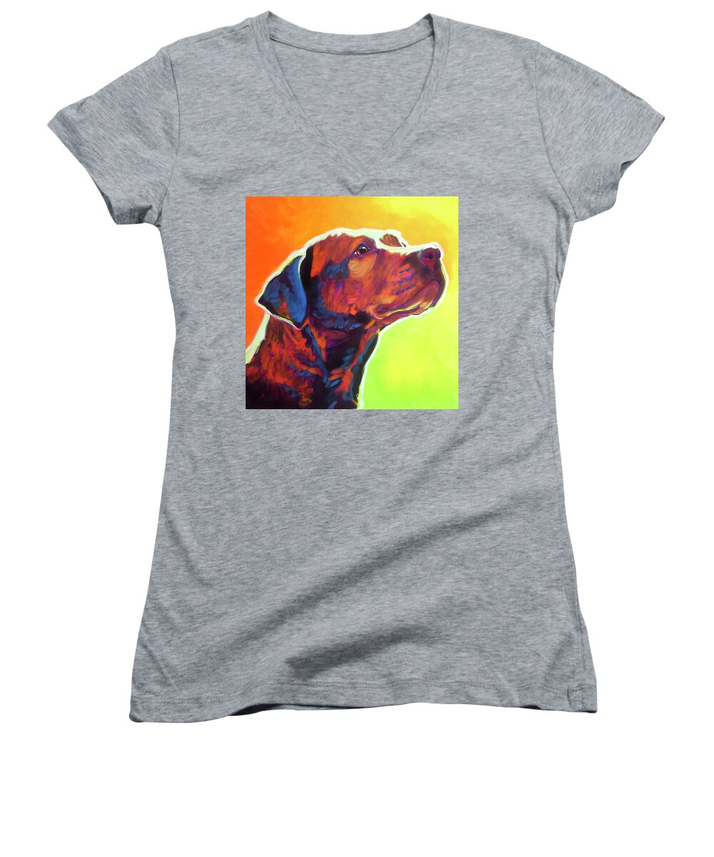 Pet Women's V-Neck featuring the painting Pit Bull - Fuji by Dawg Painter