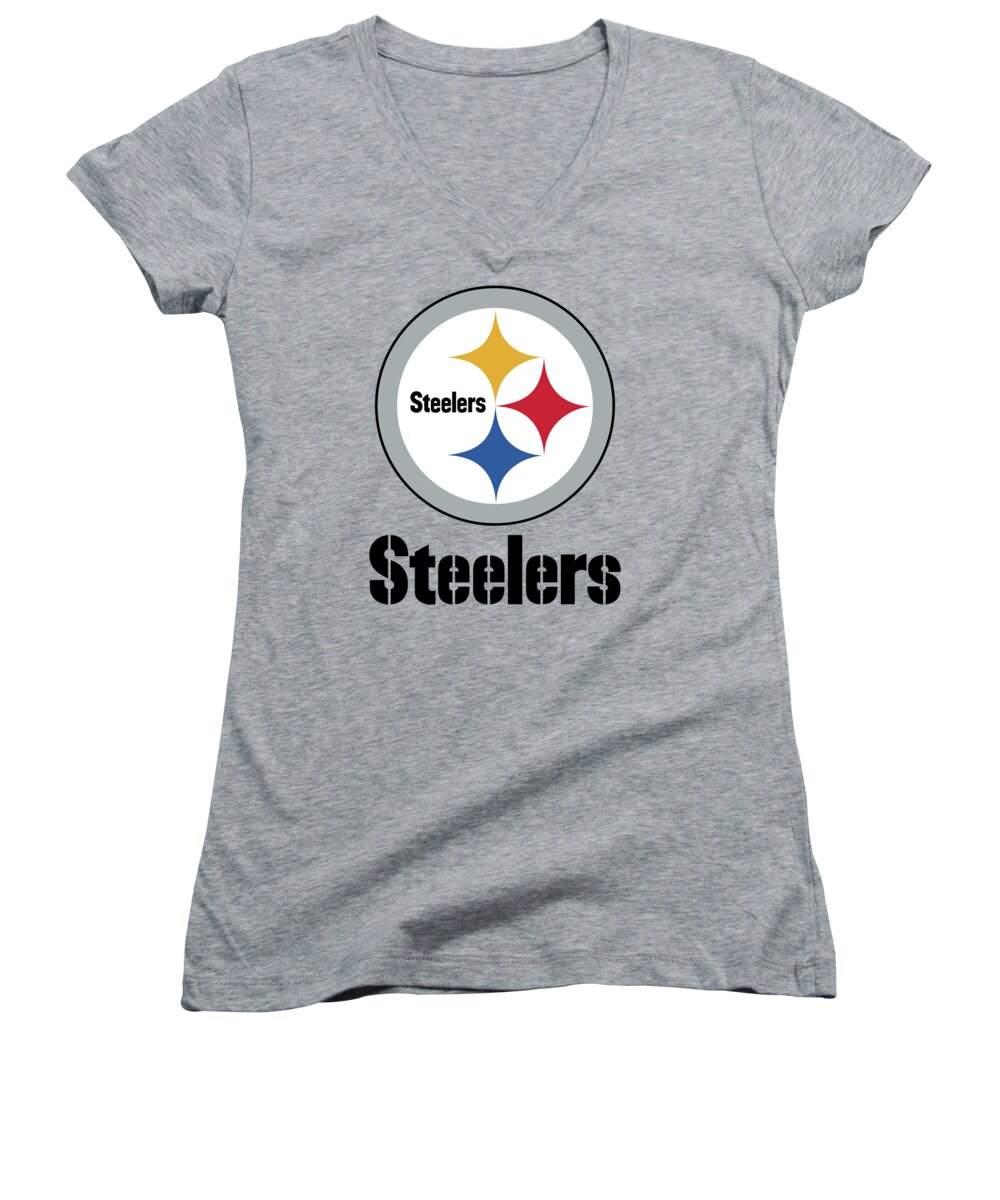 Pittsburgh Steelers Women's V-Neck featuring the mixed media Pittsburgh Steelers on an abraded steel texture by Movie Poster Prints