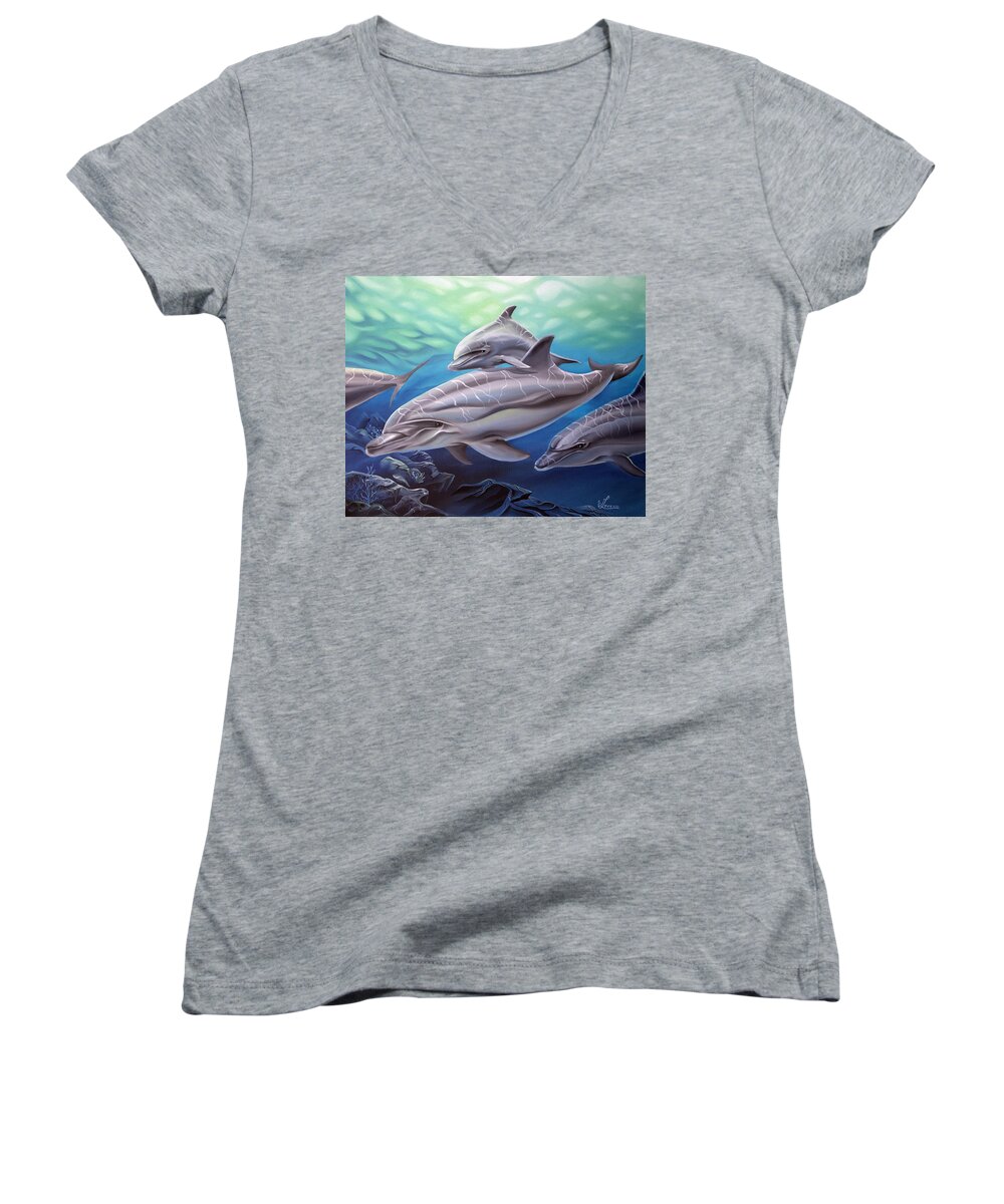 Dolphins Women's V-Neck featuring the painting Playground by William Love