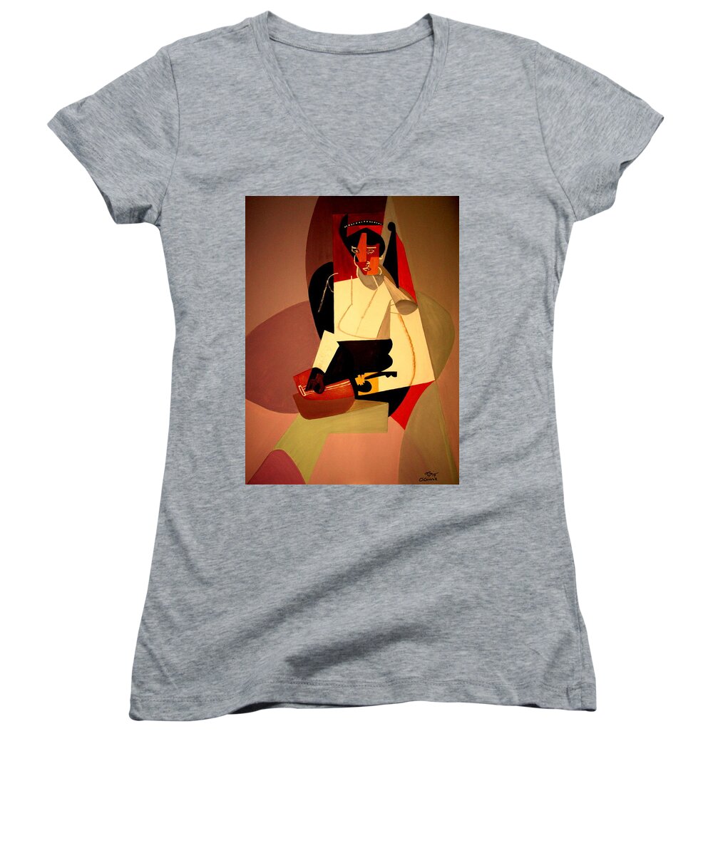 Cubism Women's V-Neck featuring the painting Playing the Mandolin by Bill OConnor