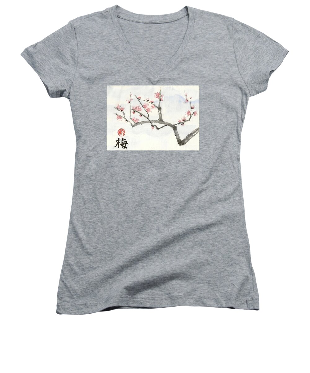 Flower Women's V-Neck featuring the painting Plum ume branch by Terri Harris