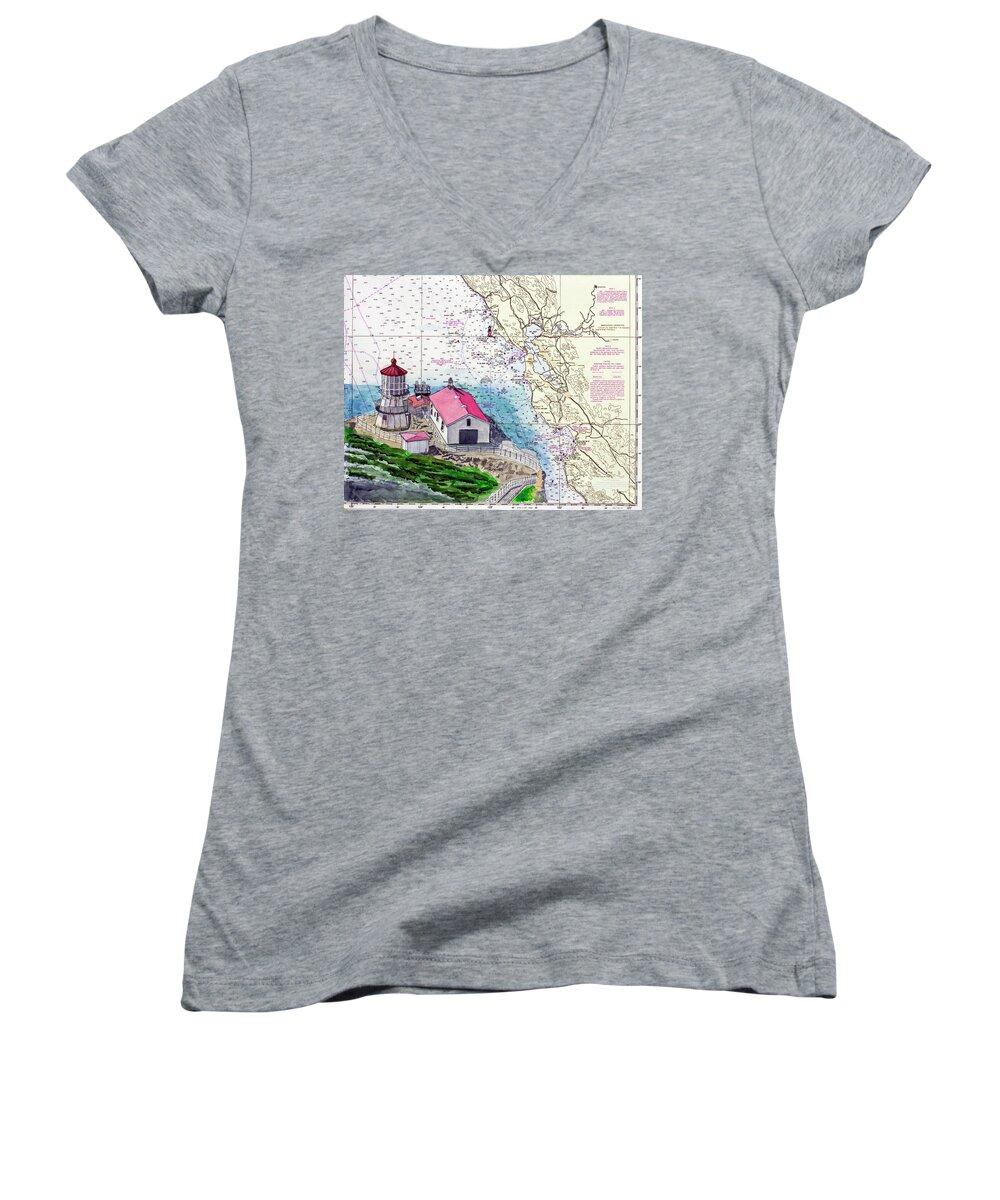 California Women's V-Neck featuring the painting Point Reyes Light Station by Mike Robles