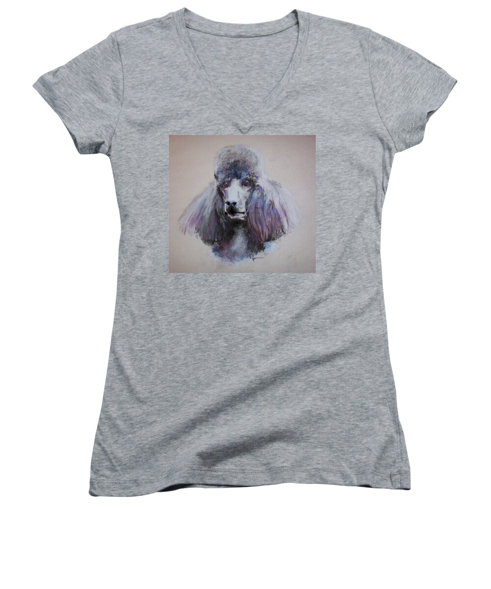 Poodle Portrait Women's V-Neck featuring the drawing Poodle in Blue by Rachel Bochnia