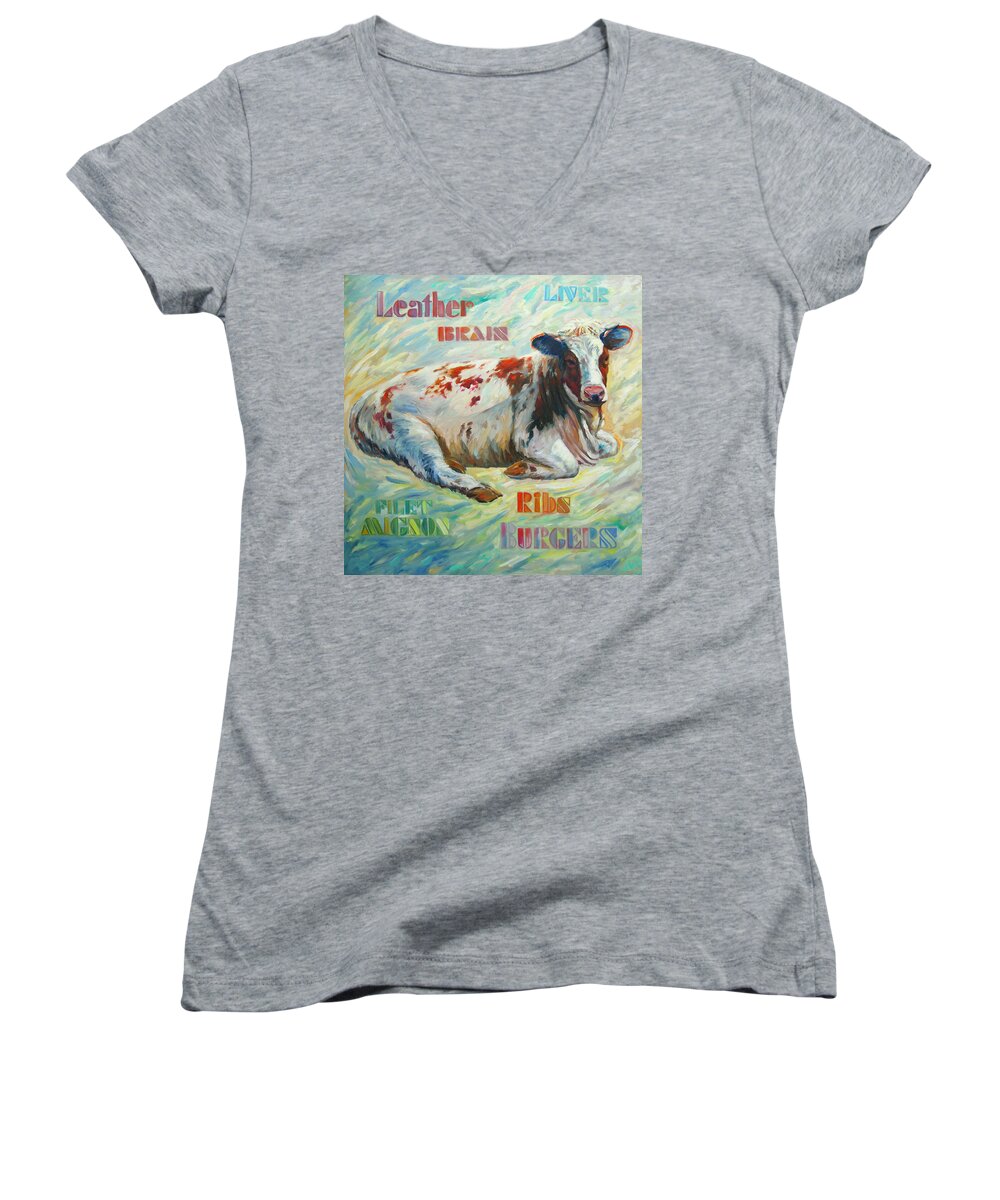 Livestock Women's V-Neck featuring the painting Poor miss Bessie by Rick Nederlof