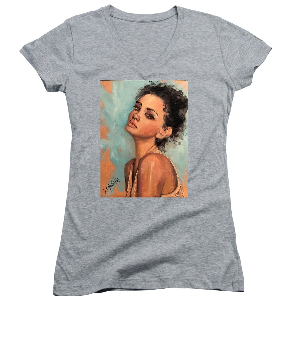 Portrait Women's V-Neck featuring the painting Portrait Demo 6 by Laura Lee Zanghetti