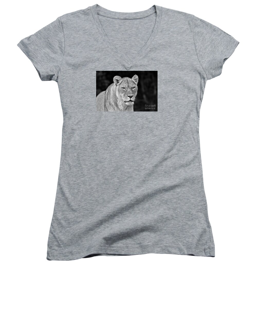 Lion Women's V-Neck featuring the photograph Portrait of a Lioness II black and white version by Jim Fitzpatrick