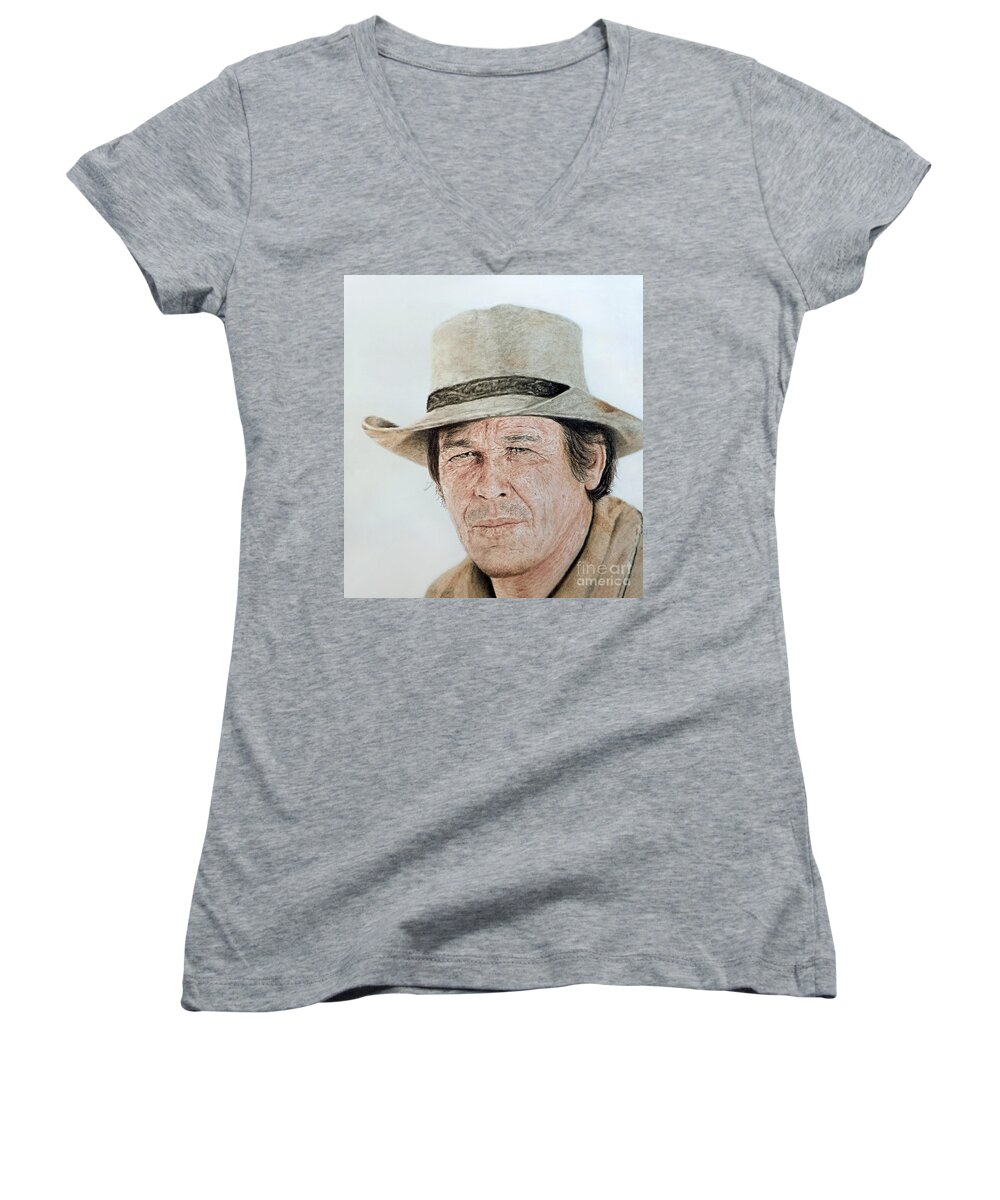 Actor Women's V-Neck featuring the drawing Portrait Of Actor Charles Bronson by Jim Fitzpatrick