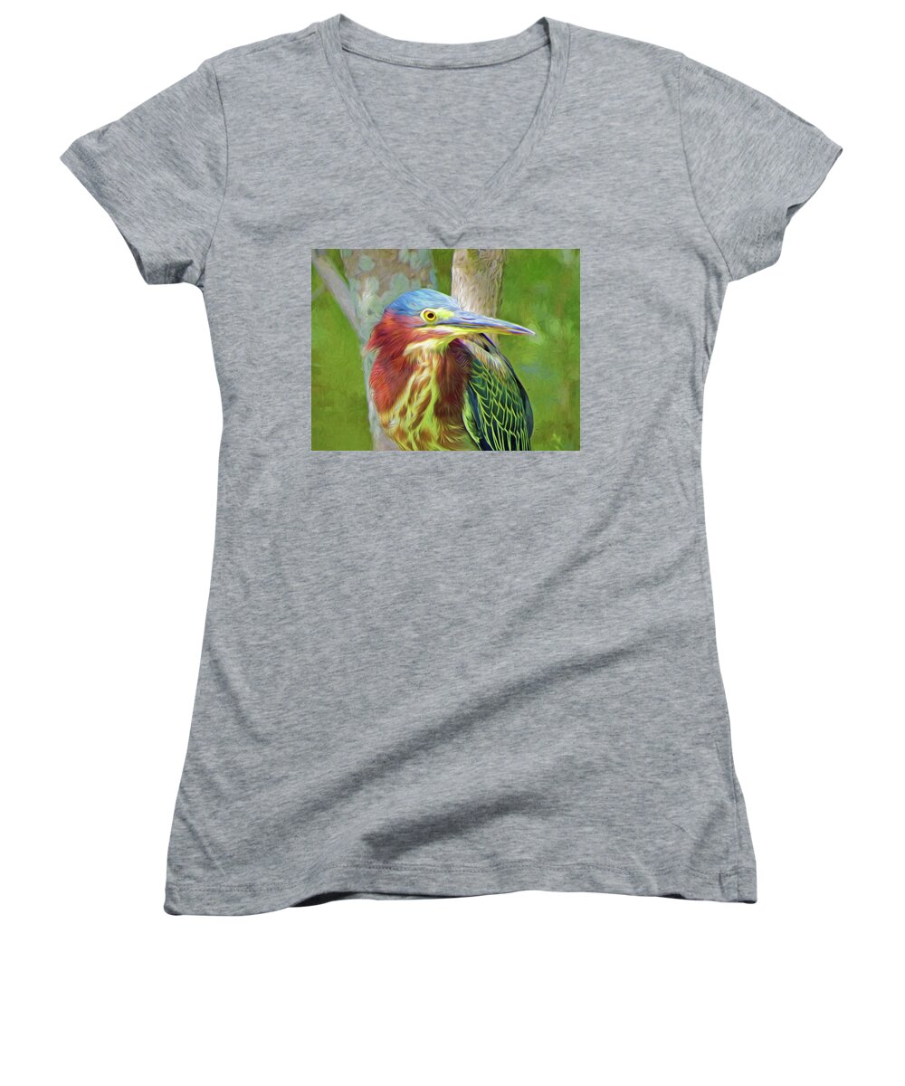 Green Heron Women's V-Neck featuring the painting Portrait of Green Heron by A H Kuusela