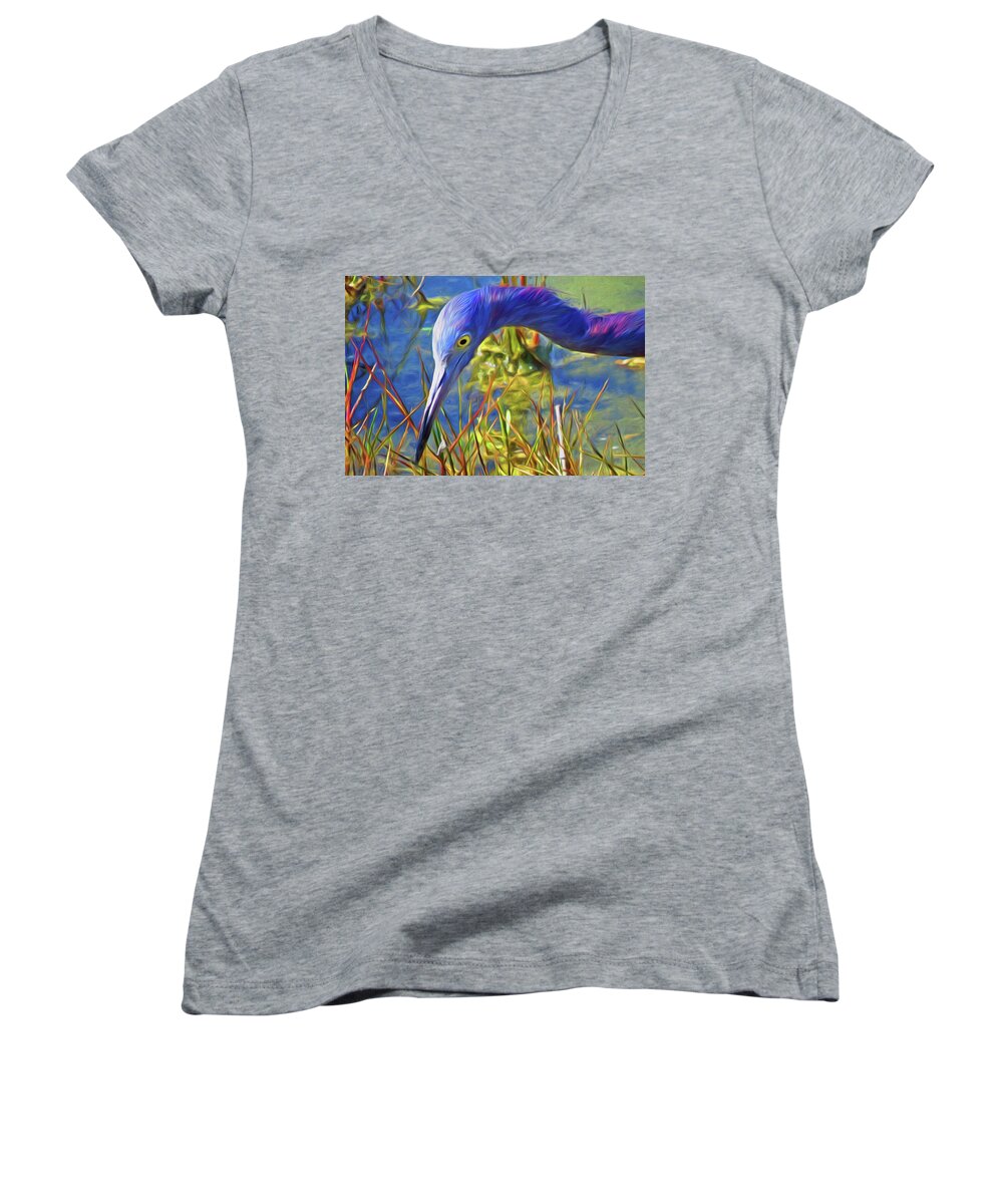 Little Blue Heron Women's V-Neck featuring the painting Portrait of Little Blue Heron by A H Kuusela