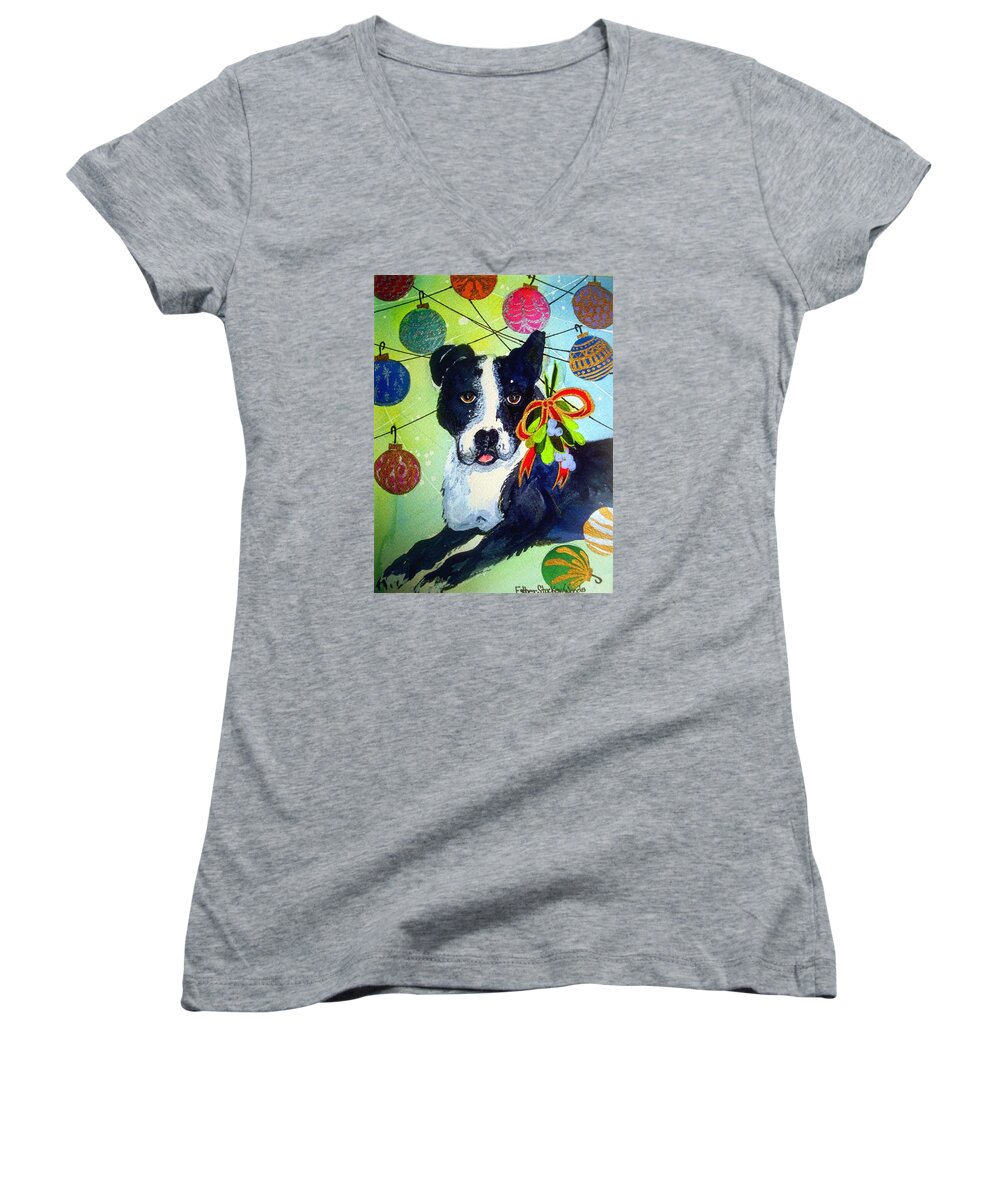  Women's V-Neck featuring the painting Posey at Christmas 2015 by Esther Woods