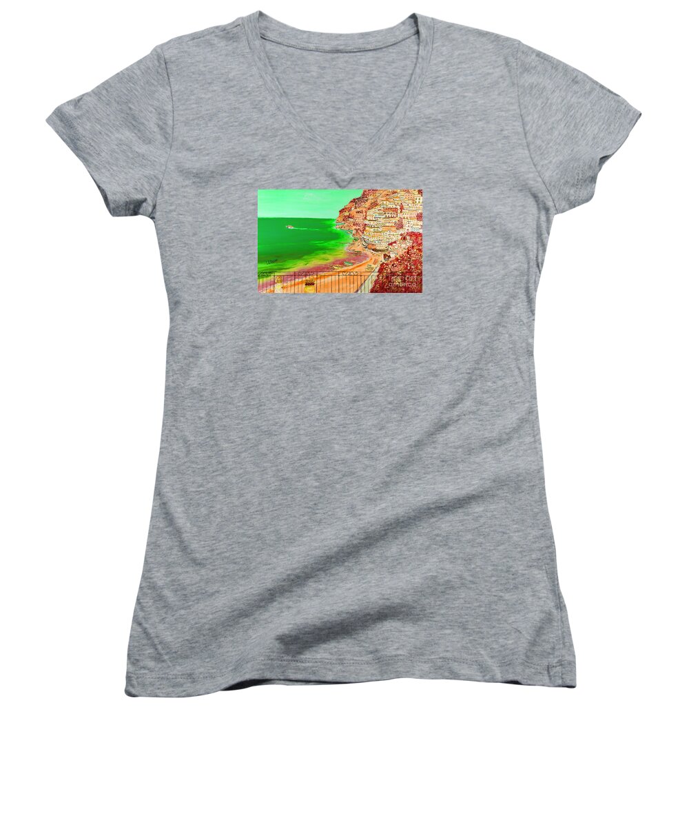  Drawing Women's V-Neck featuring the painting Positano Bay by Loredana Messina