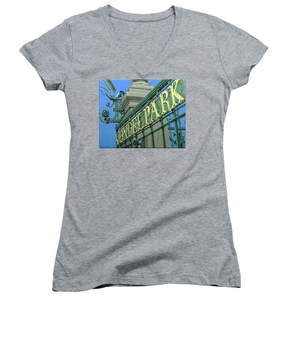 Urban Landscape Women's V-Neck featuring the painting Postcards from Amsterdam no.40 Toegangshek Vondelpark by Rob De Vries