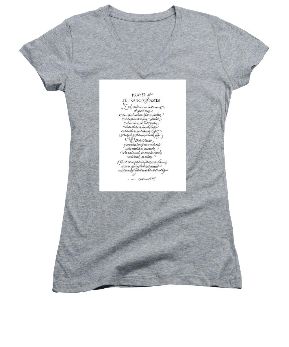 Calligraphy Women's V-Neck featuring the drawing Prayer of St. Francis of Assisi by Sally Penley