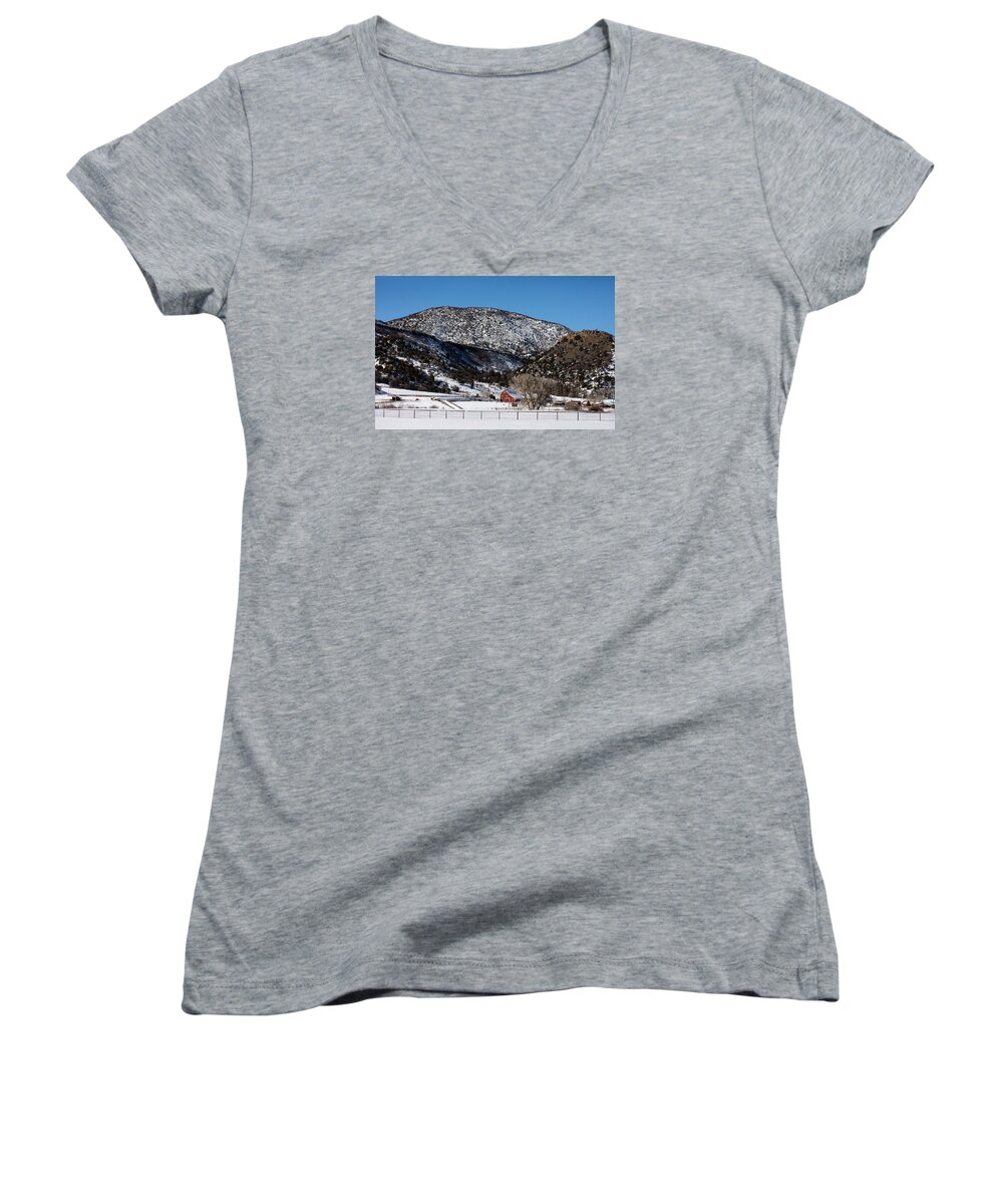  Women's V-Neck featuring the photograph Pretty red barns from the highway between Aspen and Snowmass by Carol M Highsmith