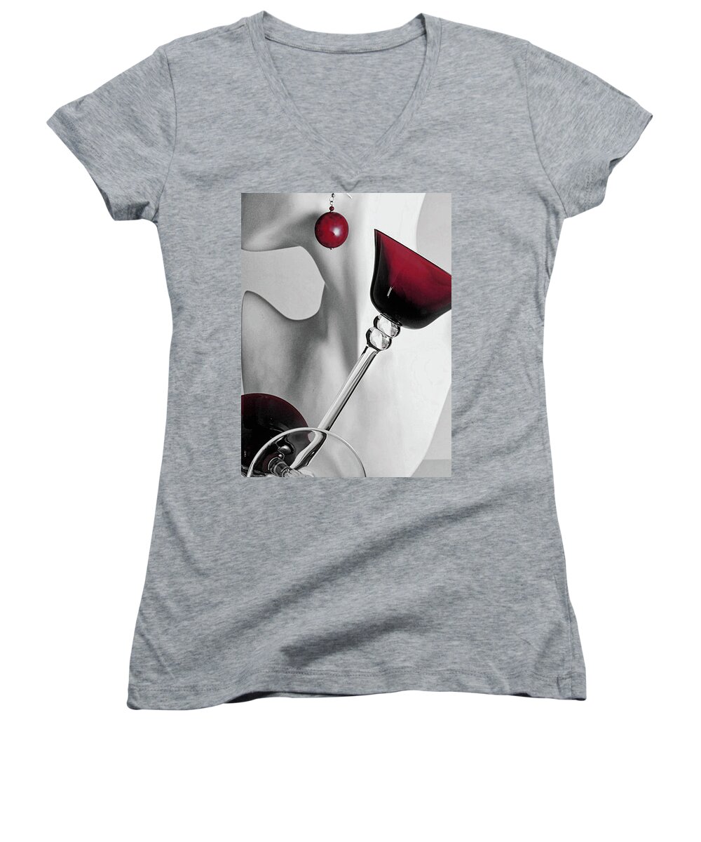 Red Women's V-Neck featuring the photograph Pretty Woman 3 by Elf EVANS