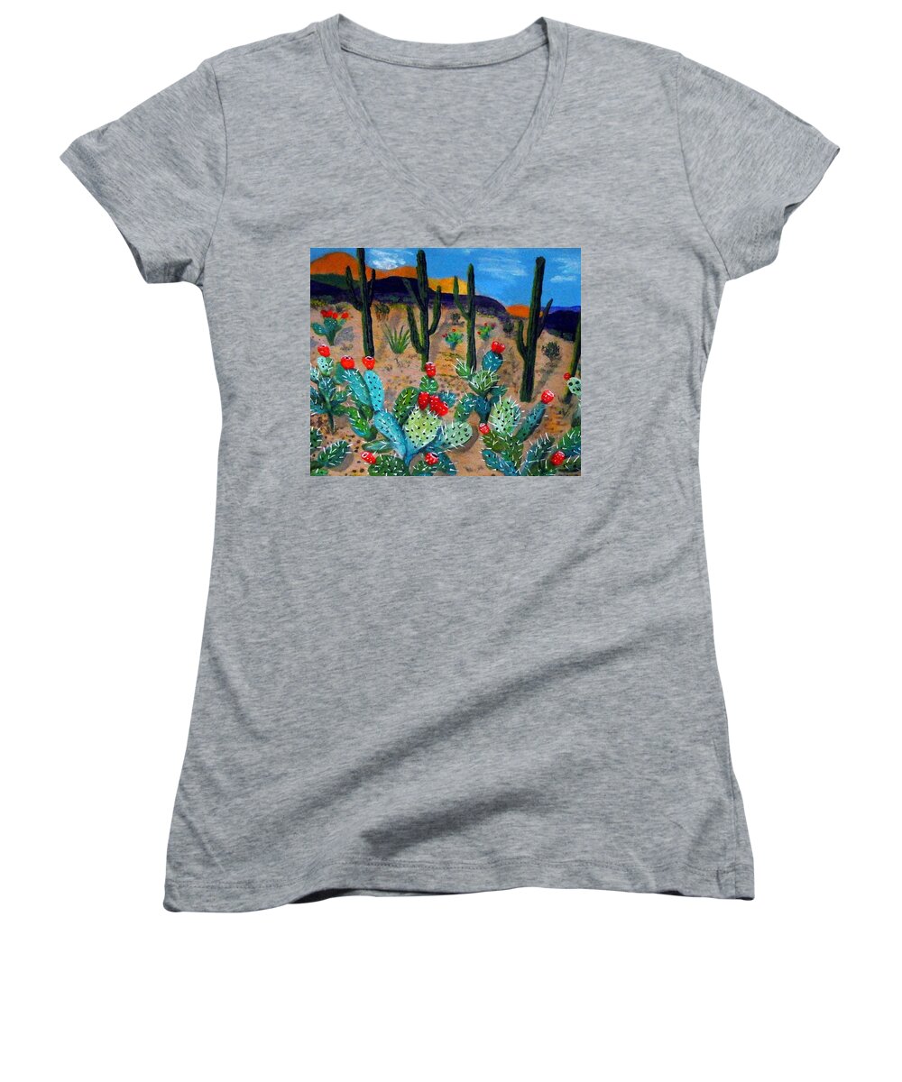Tucson Women's V-Neck featuring the painting Prickly pear cactus Tucson by Anne Sands