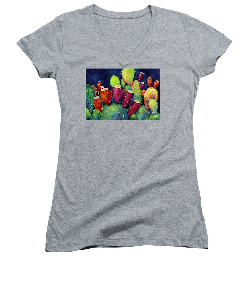 Cactus Women's V-Neck featuring the painting Prickly Pear by Hailey E Herrera