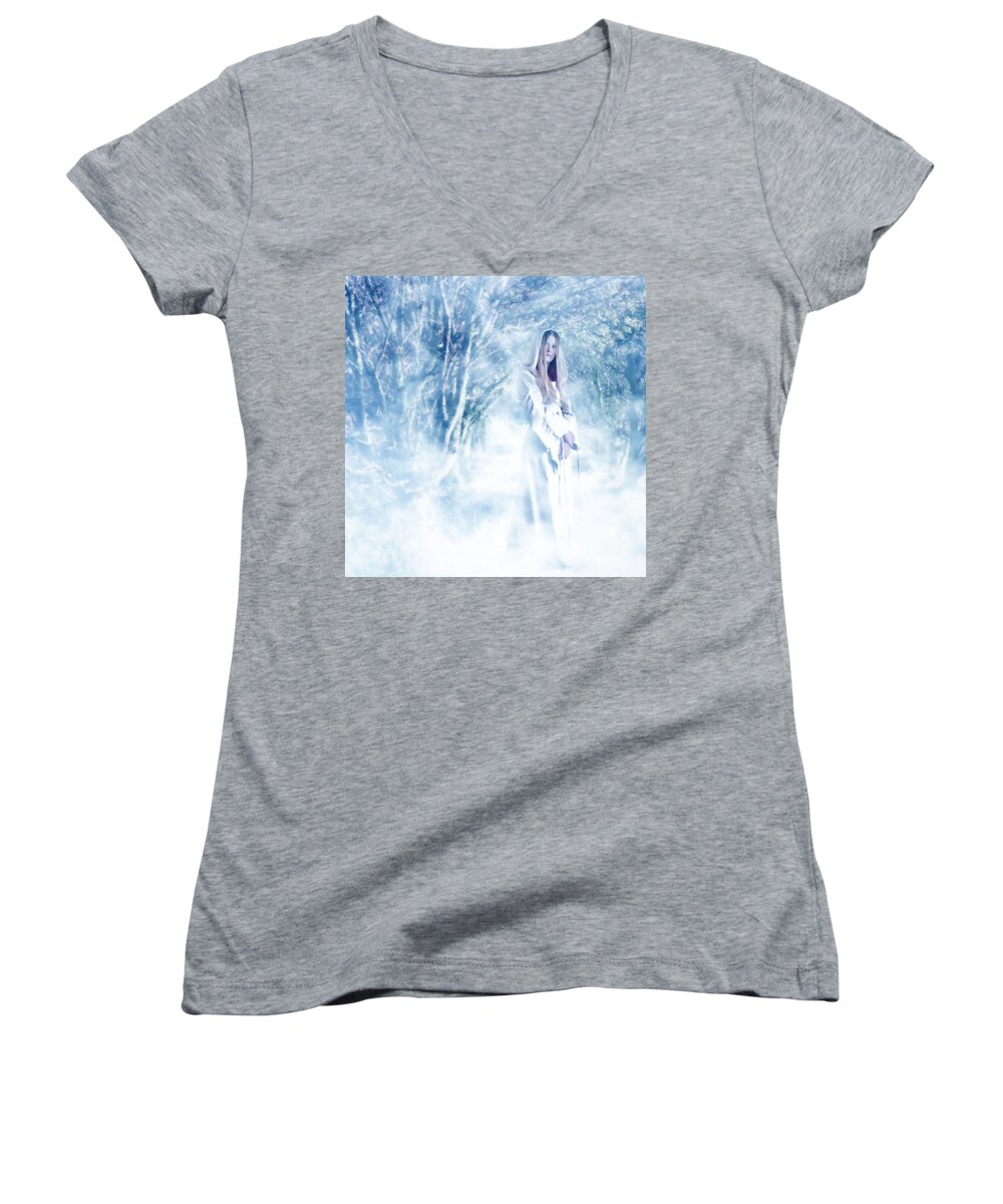 Woodland Women's V-Neck featuring the photograph Priestess by John Edwards