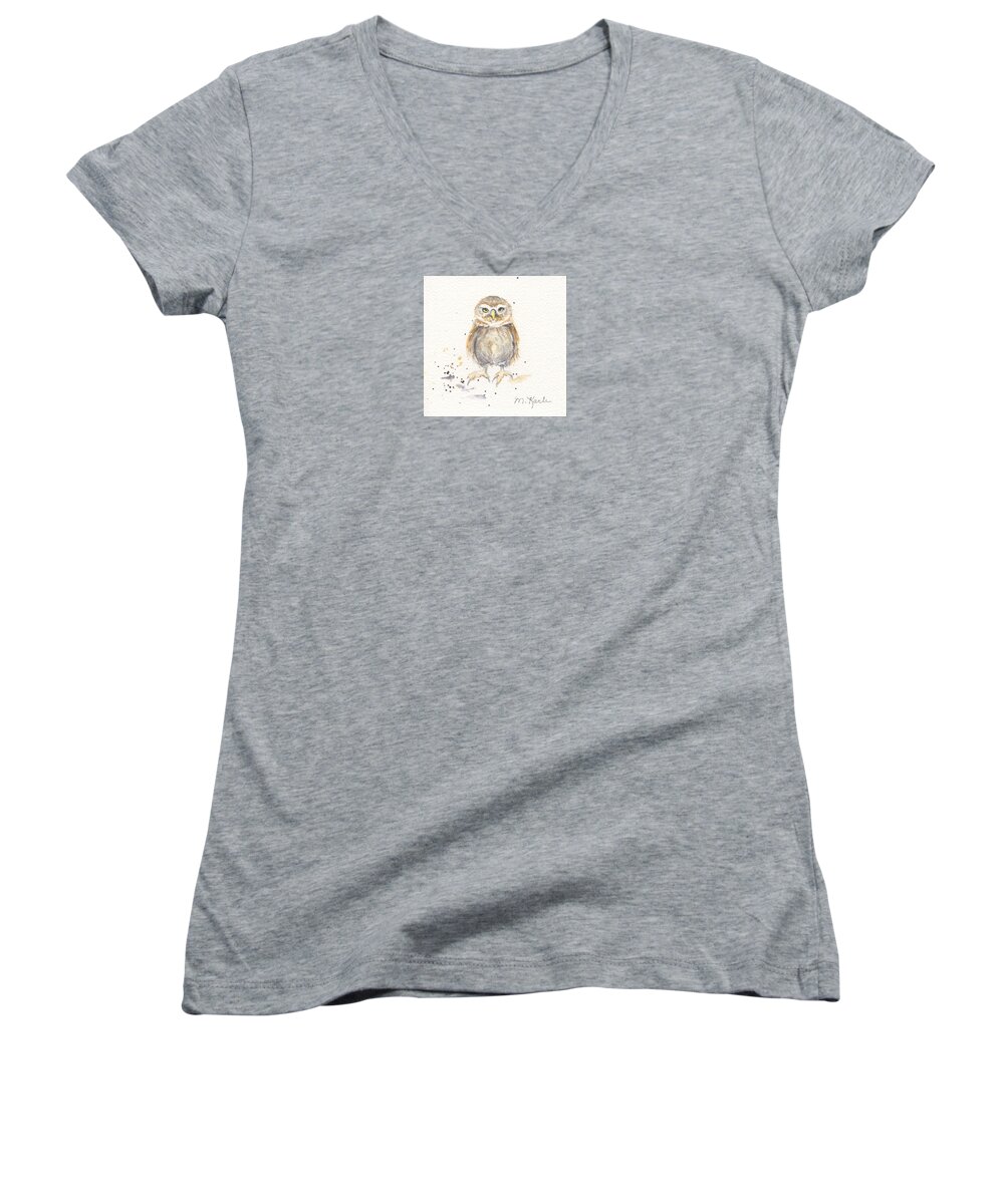 Bird Women's V-Neck featuring the painting Puck - Little Owl by Marsha Karle