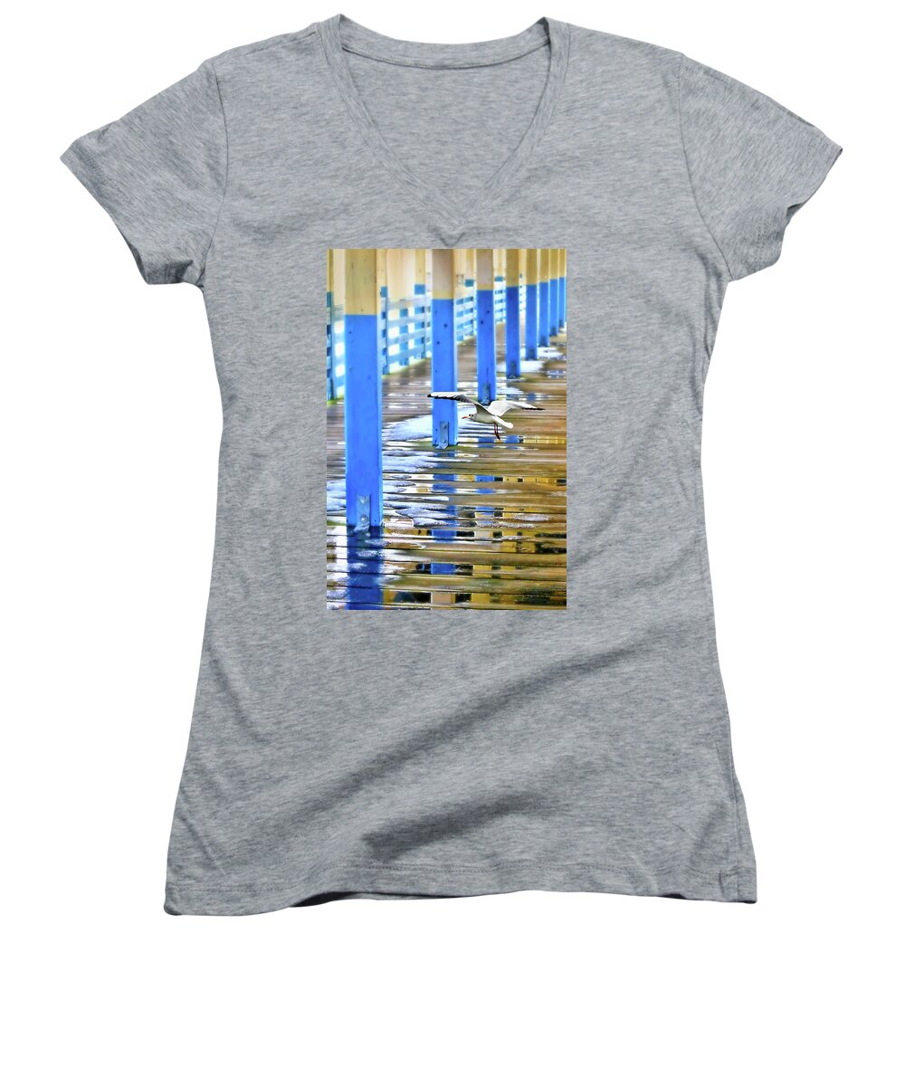 Playland Park Pier Women's V-Neck featuring the photograph Puddles by Diana Angstadt