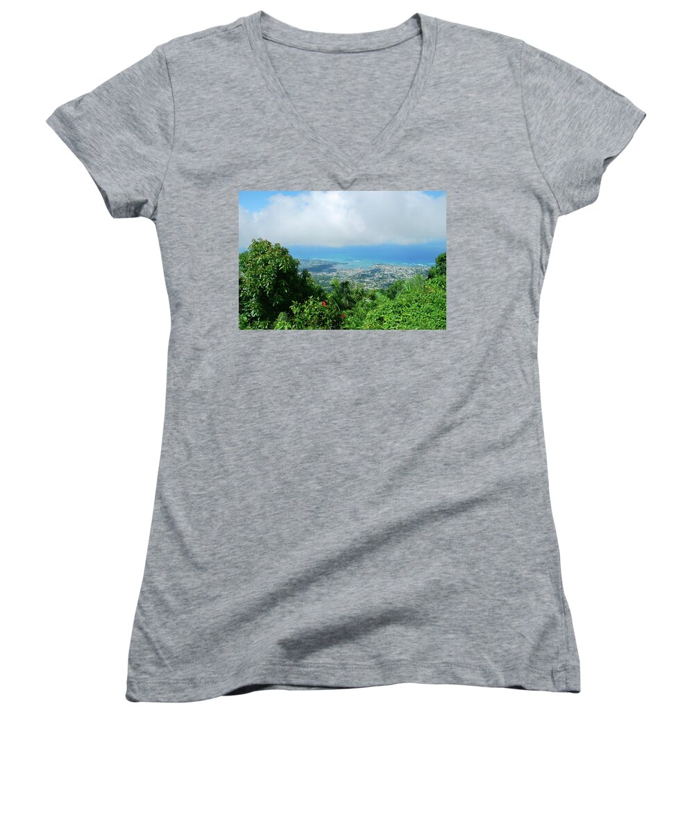  Women's V-Neck featuring the photograph Puerto Plata Mountain View of the Sea by Heather Kirk