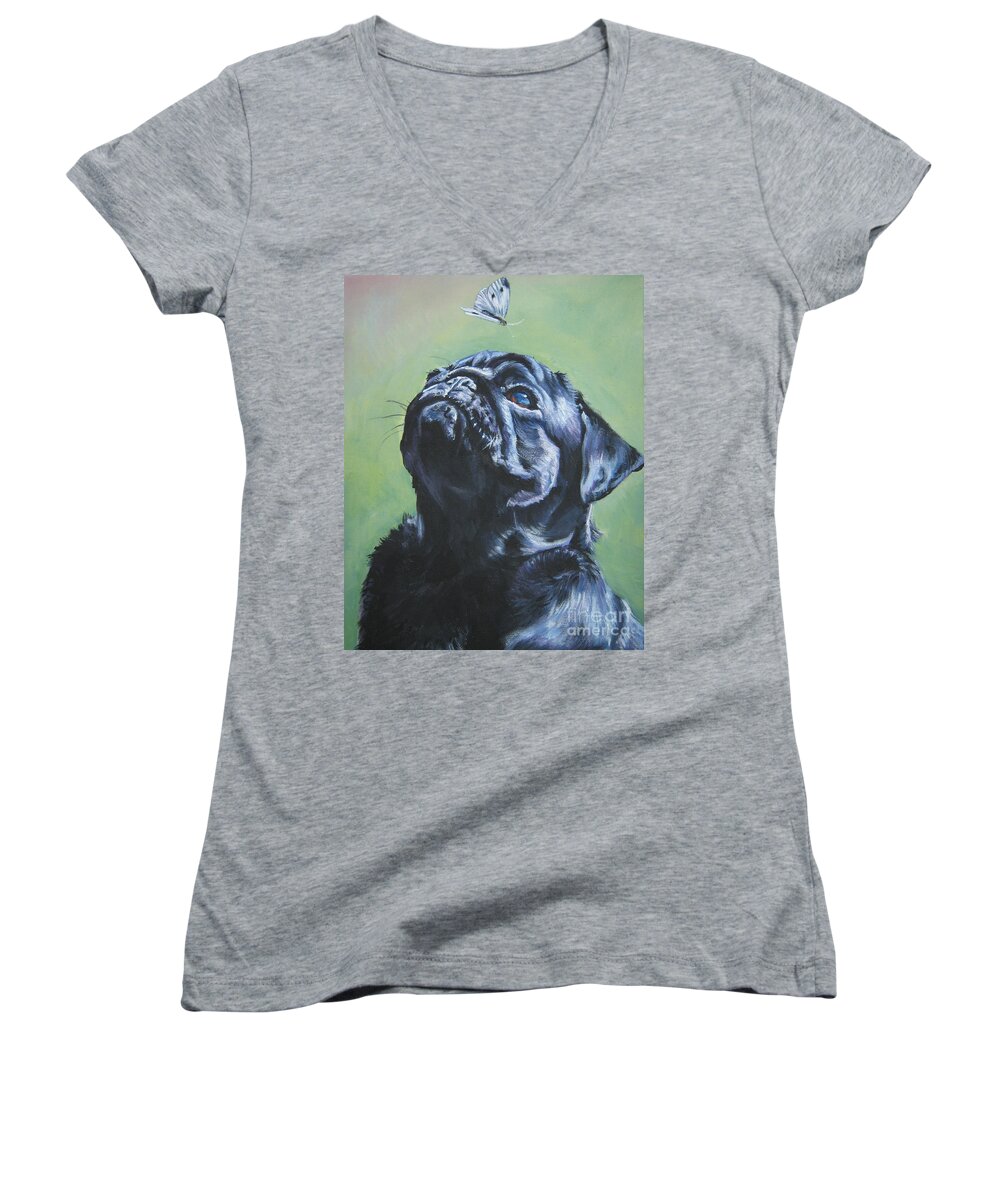 Dog Women's V-Neck featuring the painting Pug black by Lee Ann Shepard