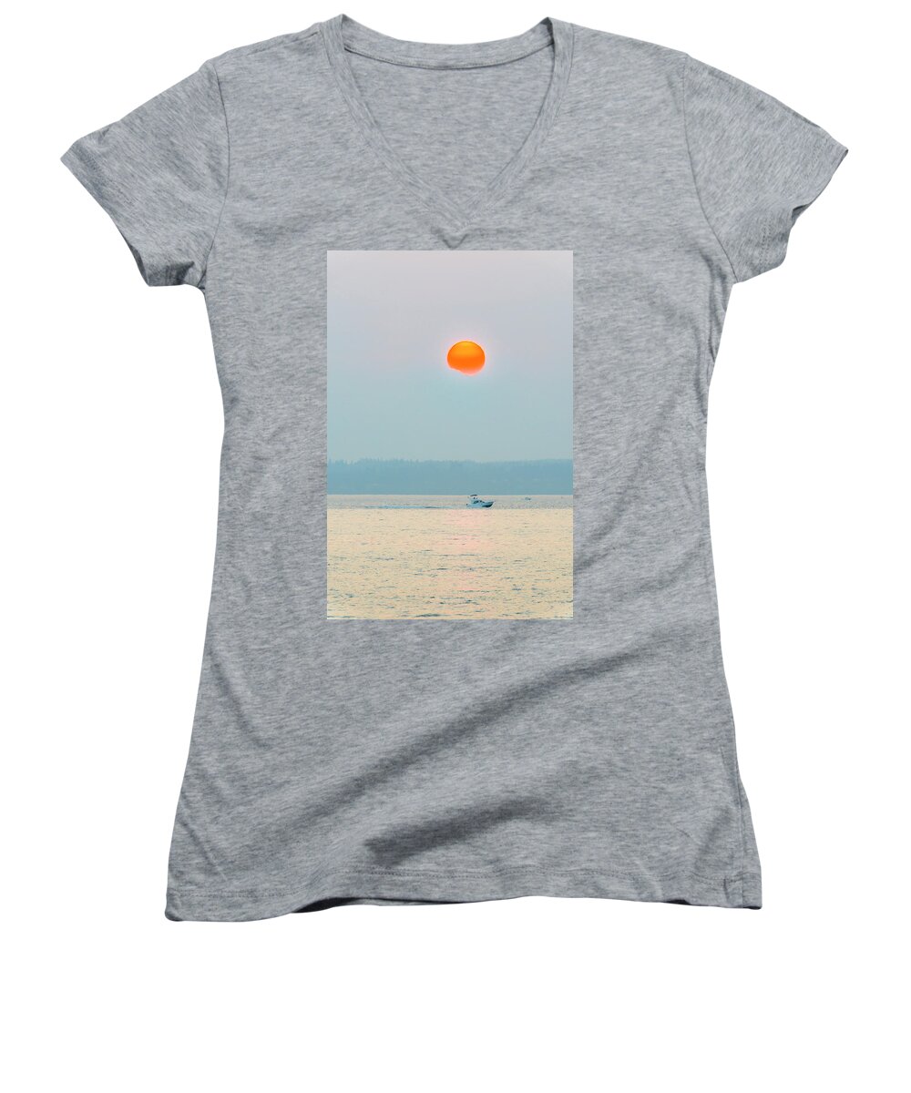 Sunset Women's V-Neck featuring the digital art Puget Sound under the heavy smoke by Michael Lee