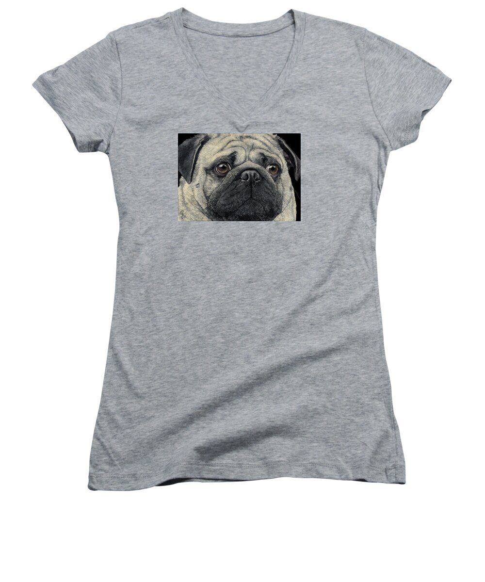 Dog Women's V-Neck featuring the drawing Pugshot by Ann Ranlett