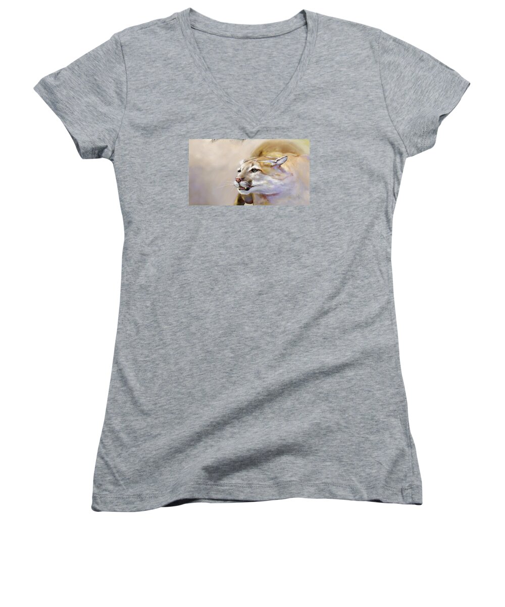 Puma Women's V-Neck featuring the painting Puma Action by Arie Van der Wijst