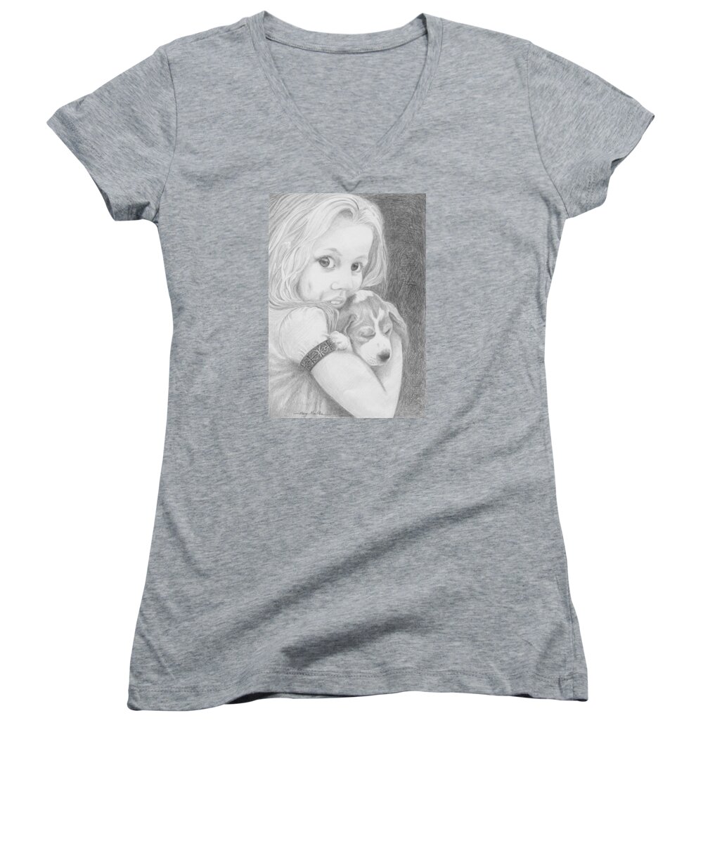 Girl Women's V-Neck featuring the drawing Puppy Dog Eyes by Harry Moulton