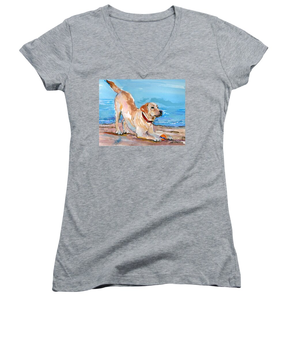 Dog Women's V-Neck featuring the painting Puppy Pose by Molly Poole