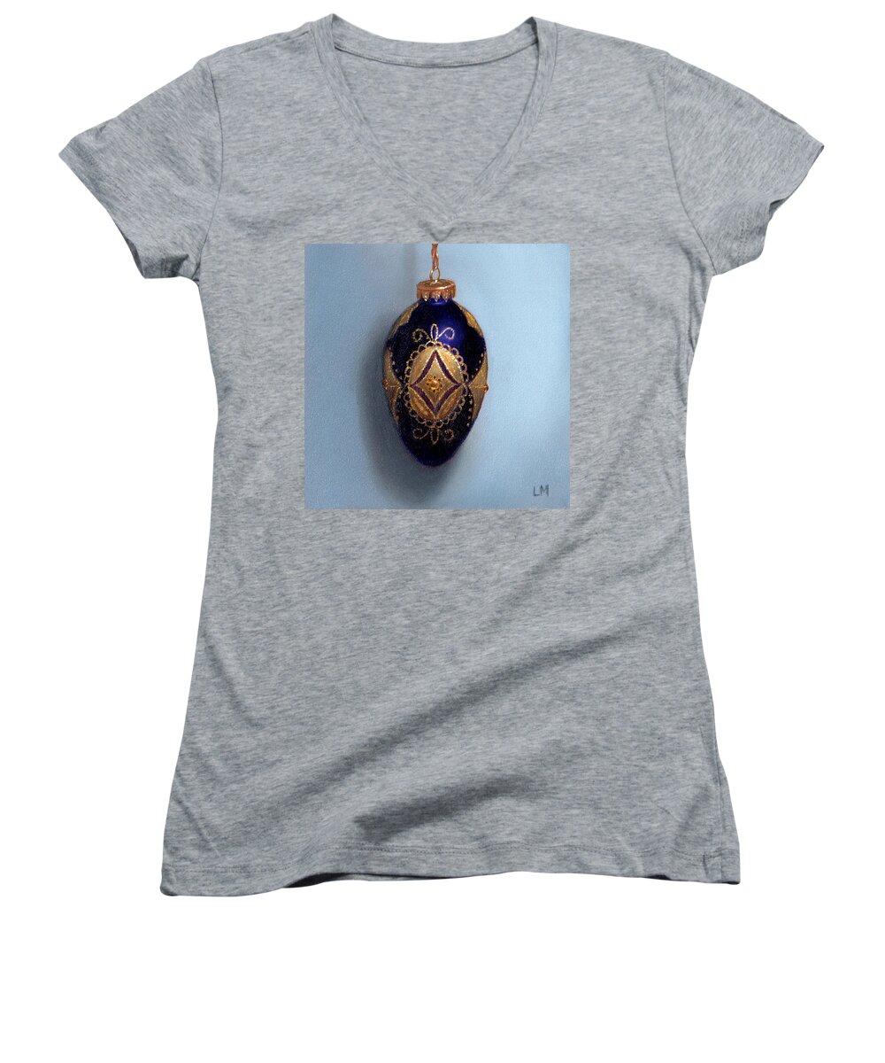 Oil Women's V-Neck featuring the painting Purple Filigree Egg Ornament by Linda Merchant