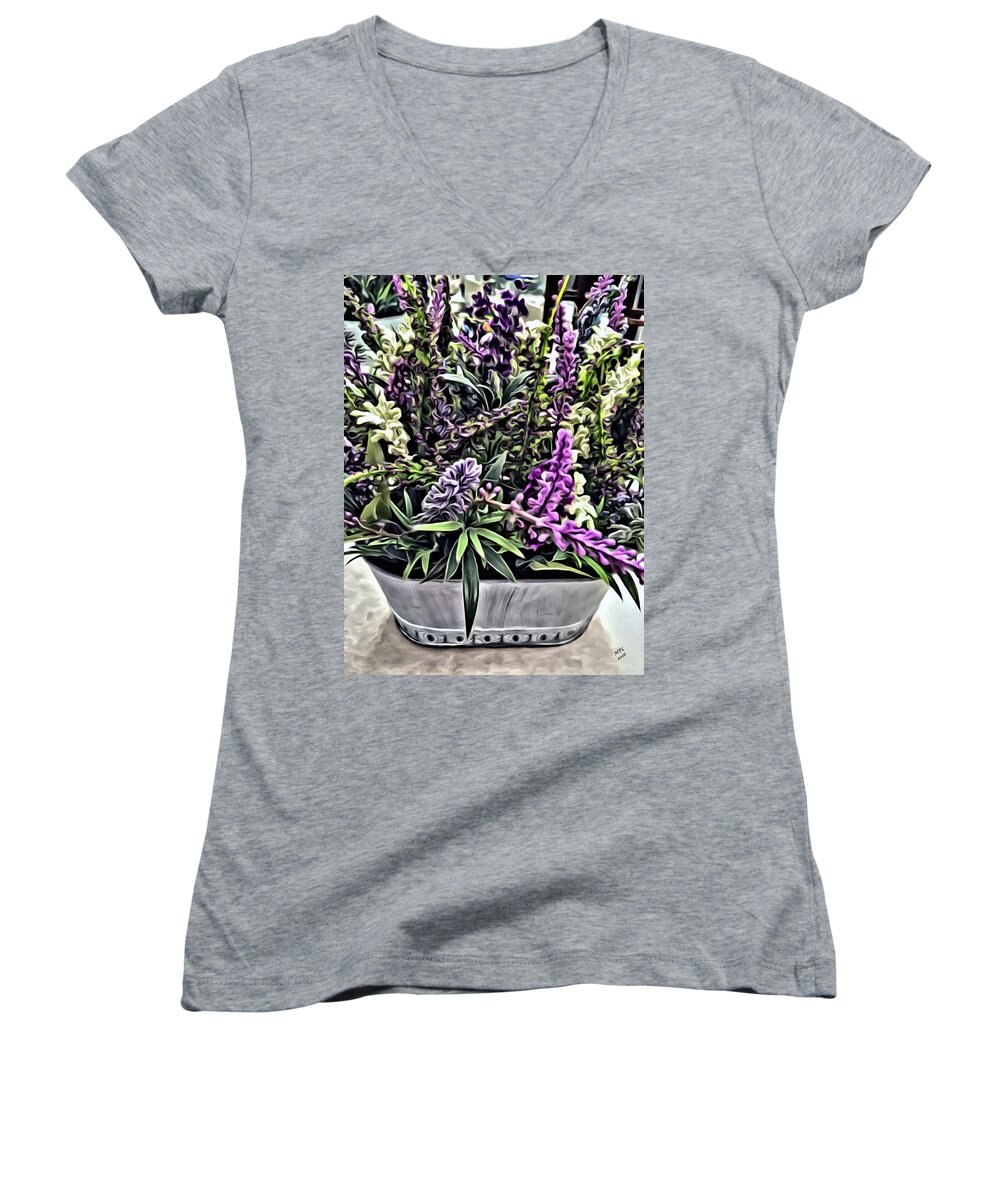 Purple Flowers Women's V-Neck featuring the painting Purple Flowers In Bloom by Marian Lonzetta
