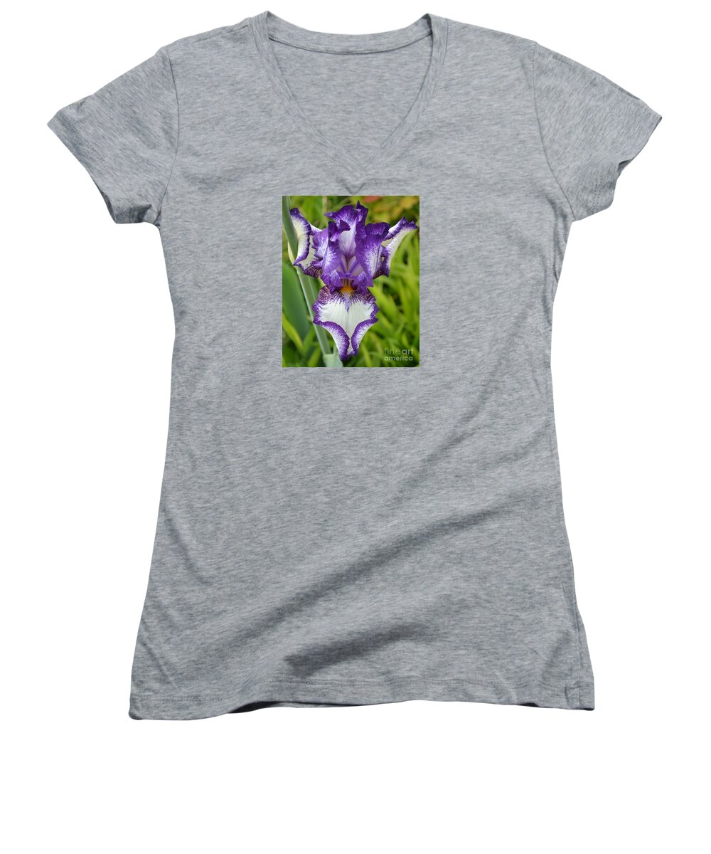Purple Iris Women's V-Neck featuring the photograph Purple Iris art by Rebecca Margraf