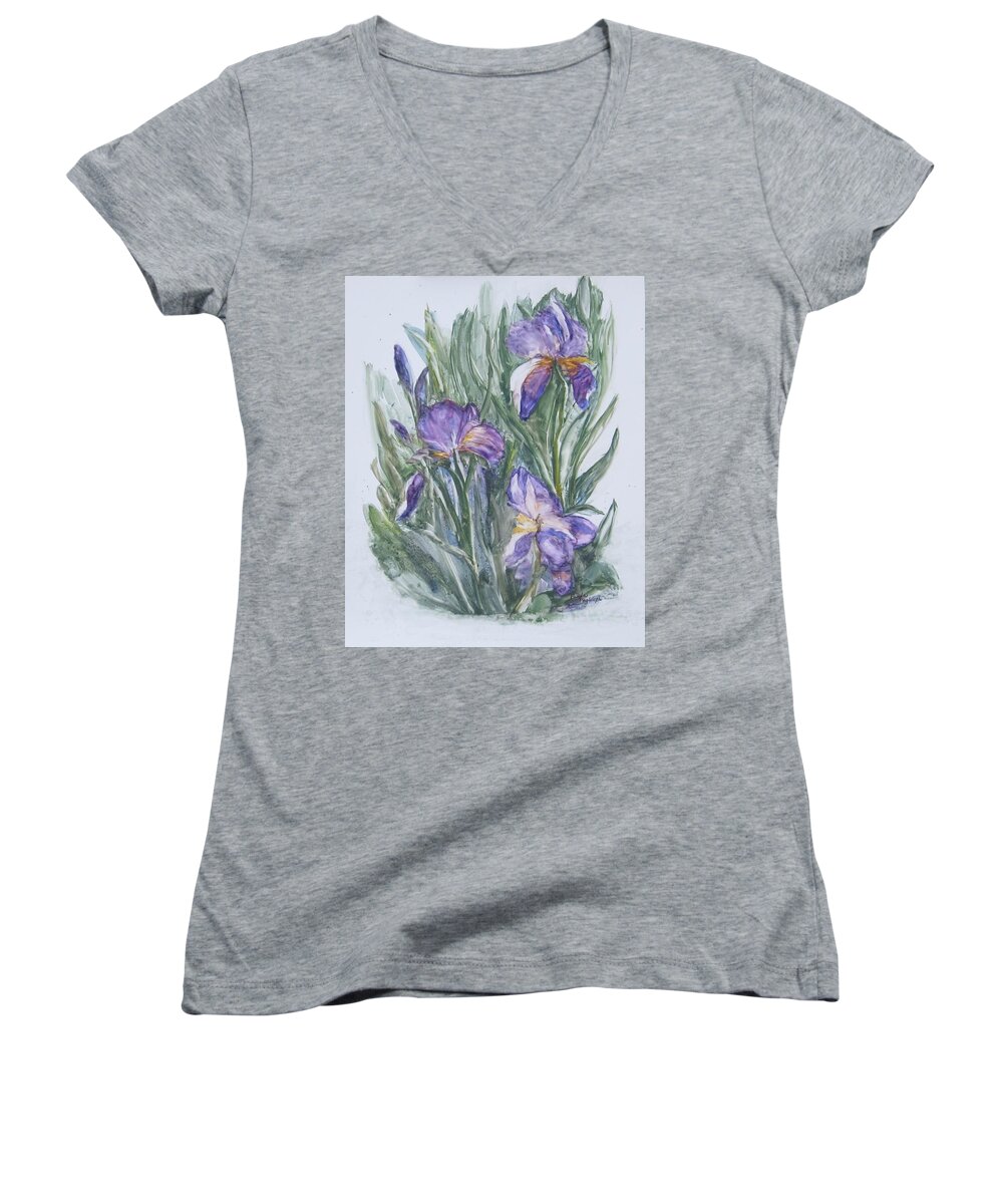 Painting Women's V-Neck featuring the painting Purple Iris Watercolor by Paula Pagliughi