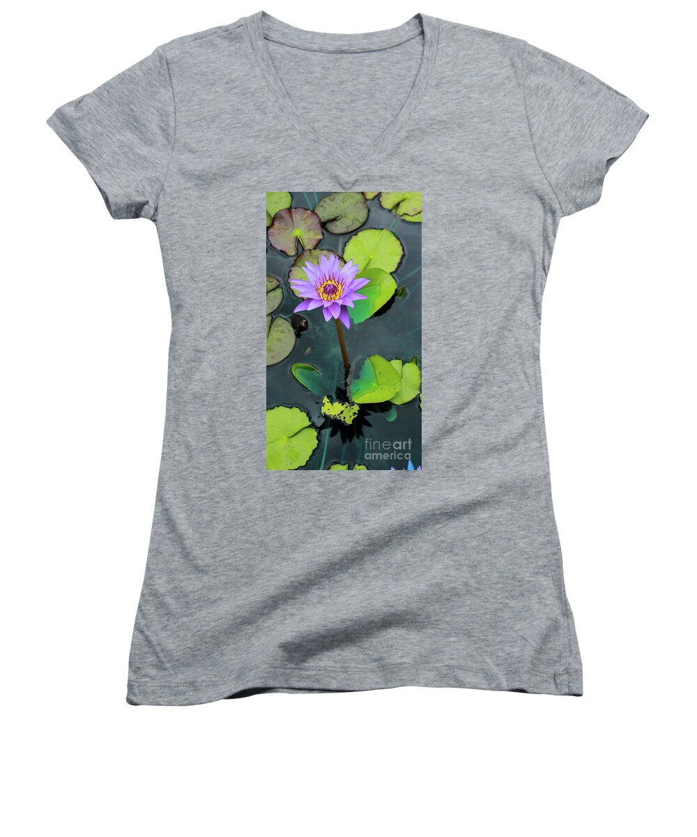 Nature Women's V-Neck featuring the photograph Purple Lilly with Lilly Pads by Toma Caul