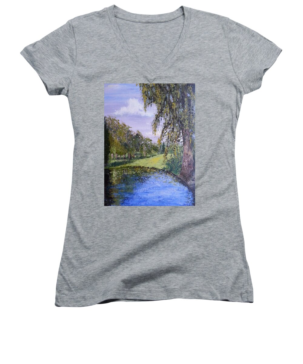 Palette Knife Painting Women's V-Neck featuring the painting Putting Green Pond by Mishel Vanderten