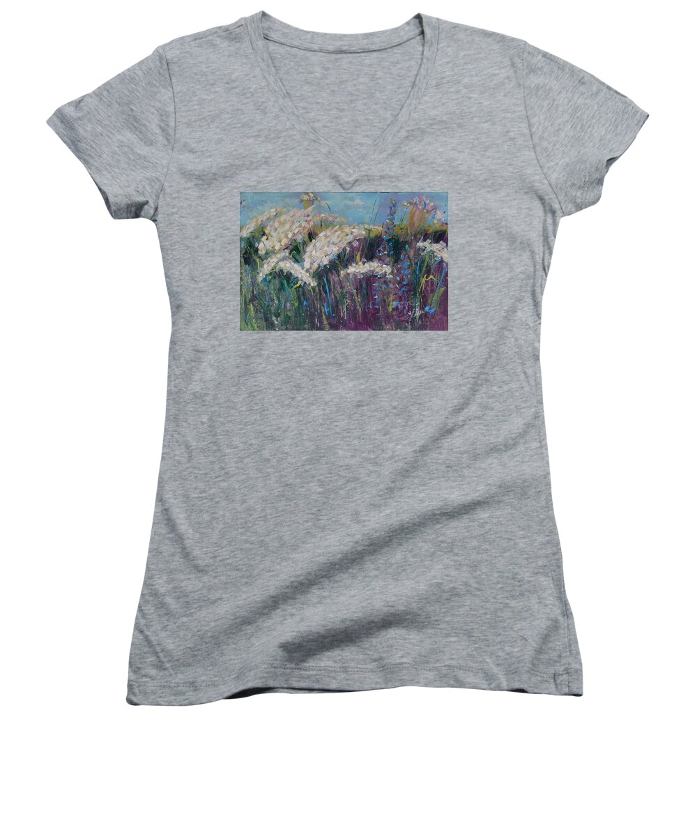 Flower Women's V-Neck featuring the painting Queen Ann's Lacy Field by Terri Einer