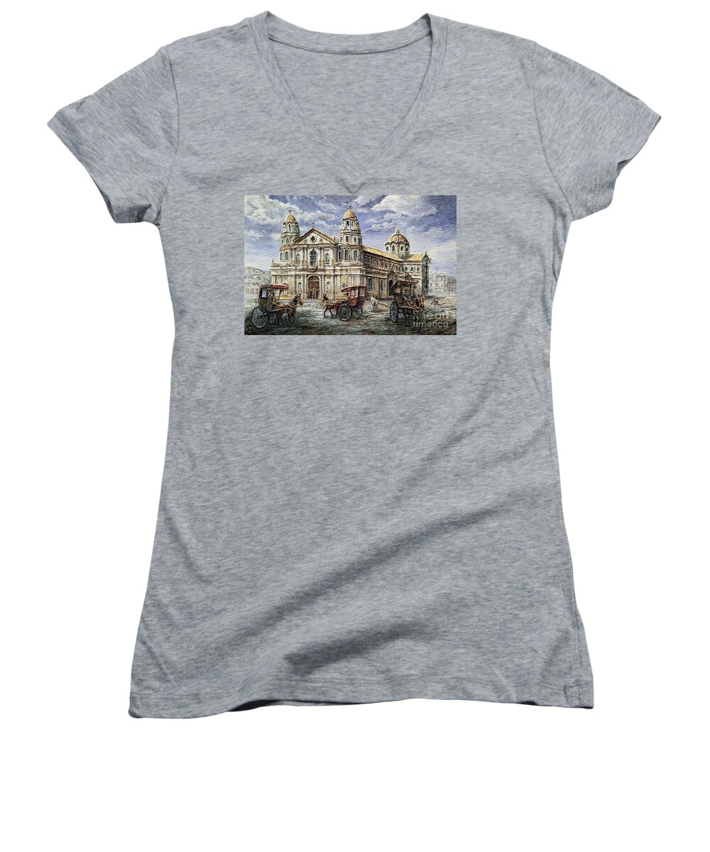 Quiapo Women's V-Neck featuring the painting Quiapo Church 1900s by Joey Agbayani