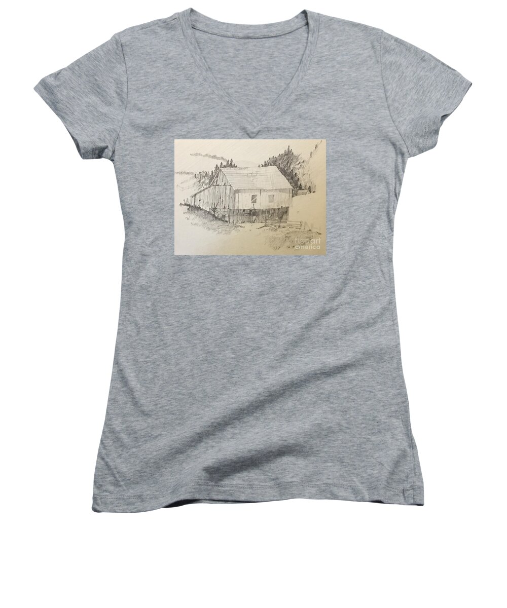 Barn Women's V-Neck featuring the drawing Quiet Barn by Thomas Janos
