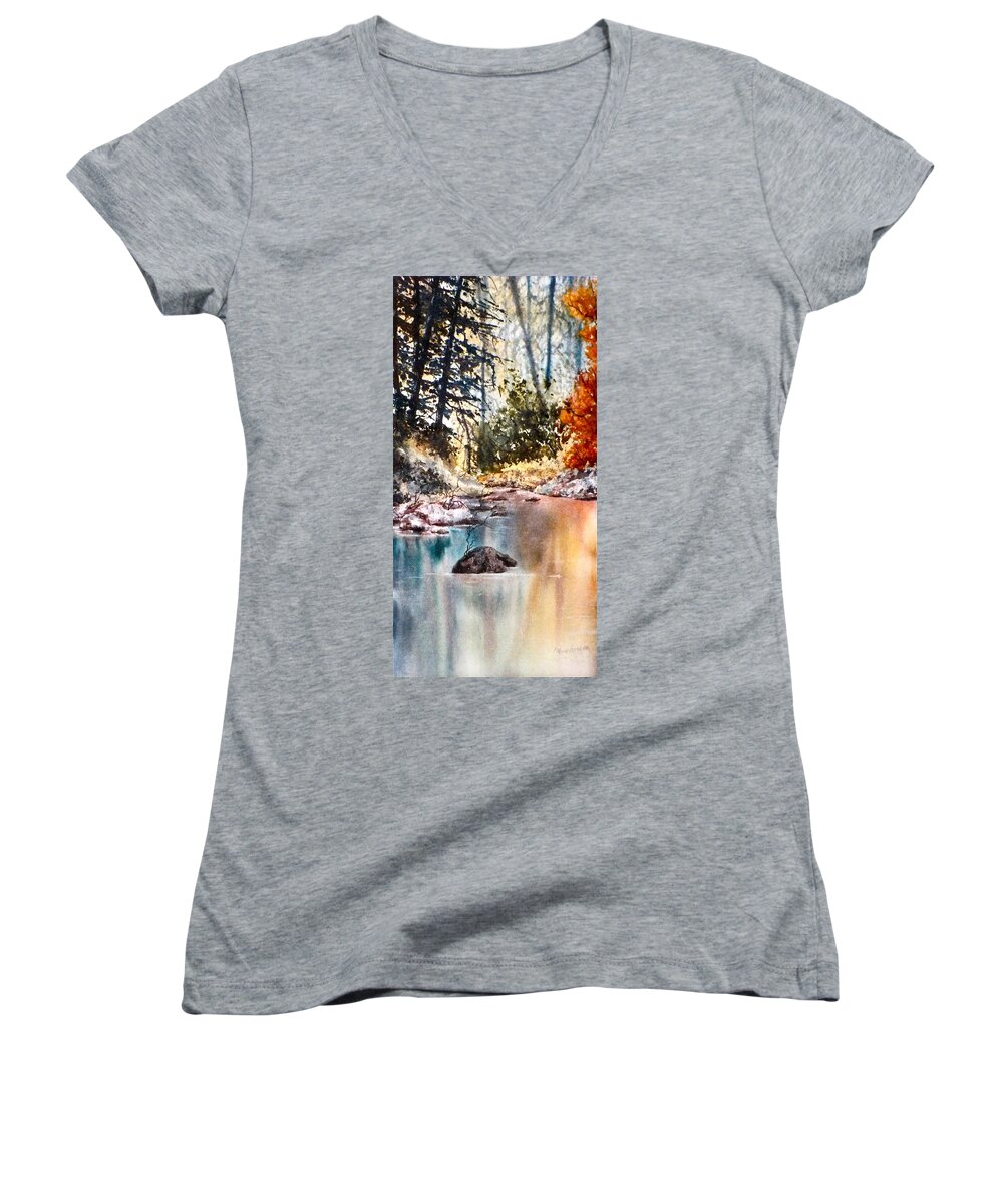 Watercolor Women's V-Neck featuring the painting Quiet Reflections by Carolyn Rosenberger