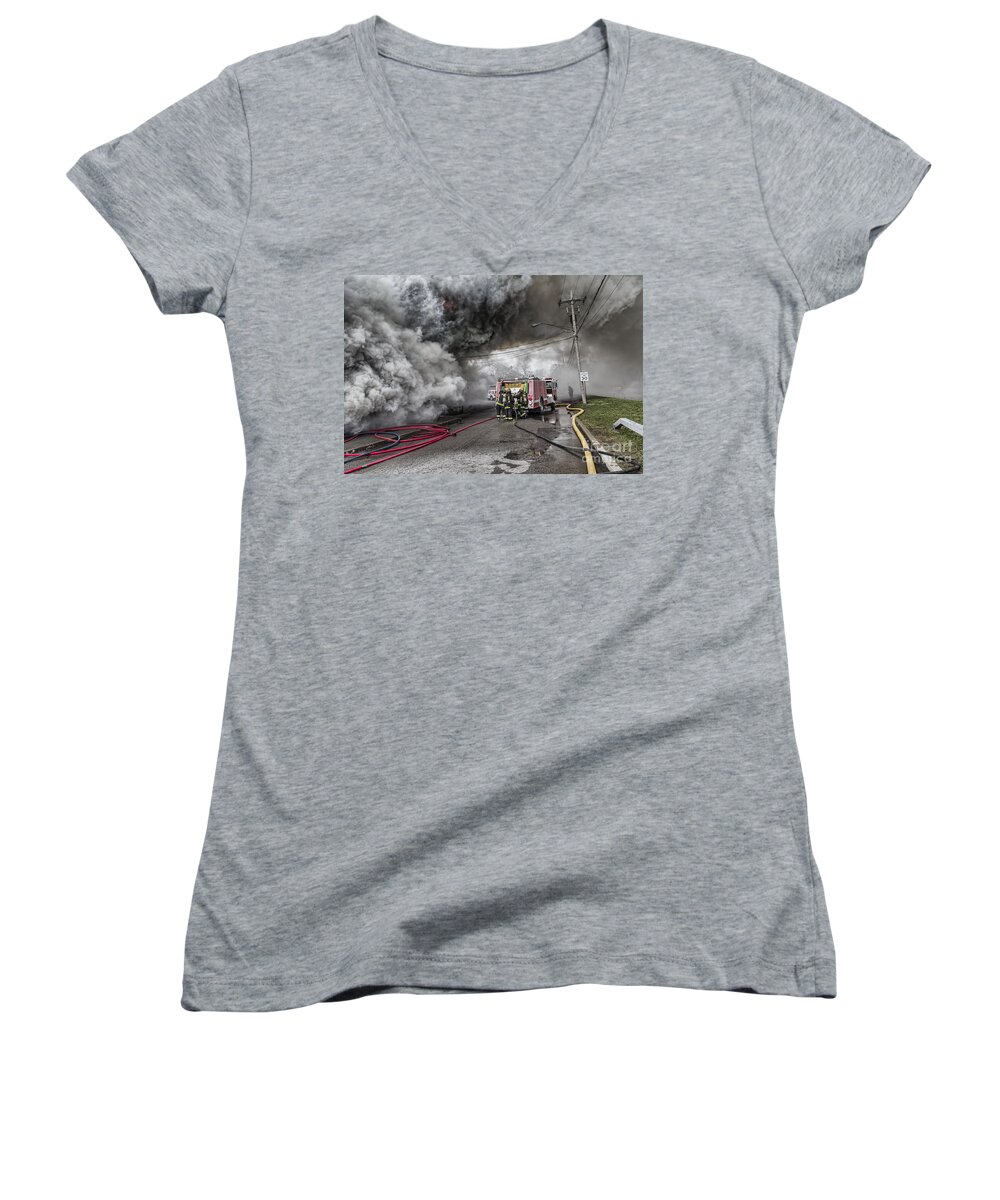 Raging Inferno Women's V-Neck featuring the photograph Raging Inferno by Jim Lepard