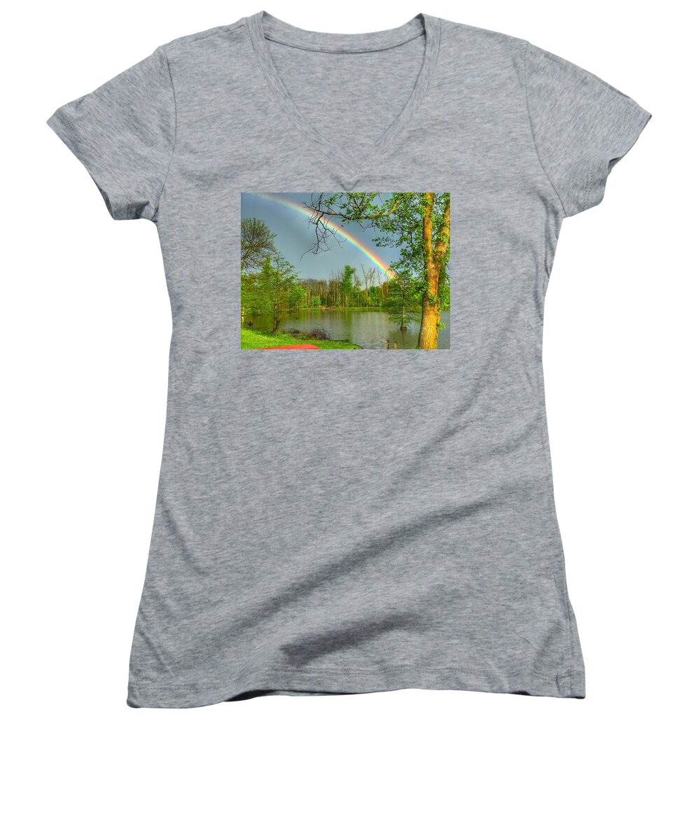 Rainbow Women's V-Neck featuring the photograph Rainbow at the Lake by Sumoflam Photography